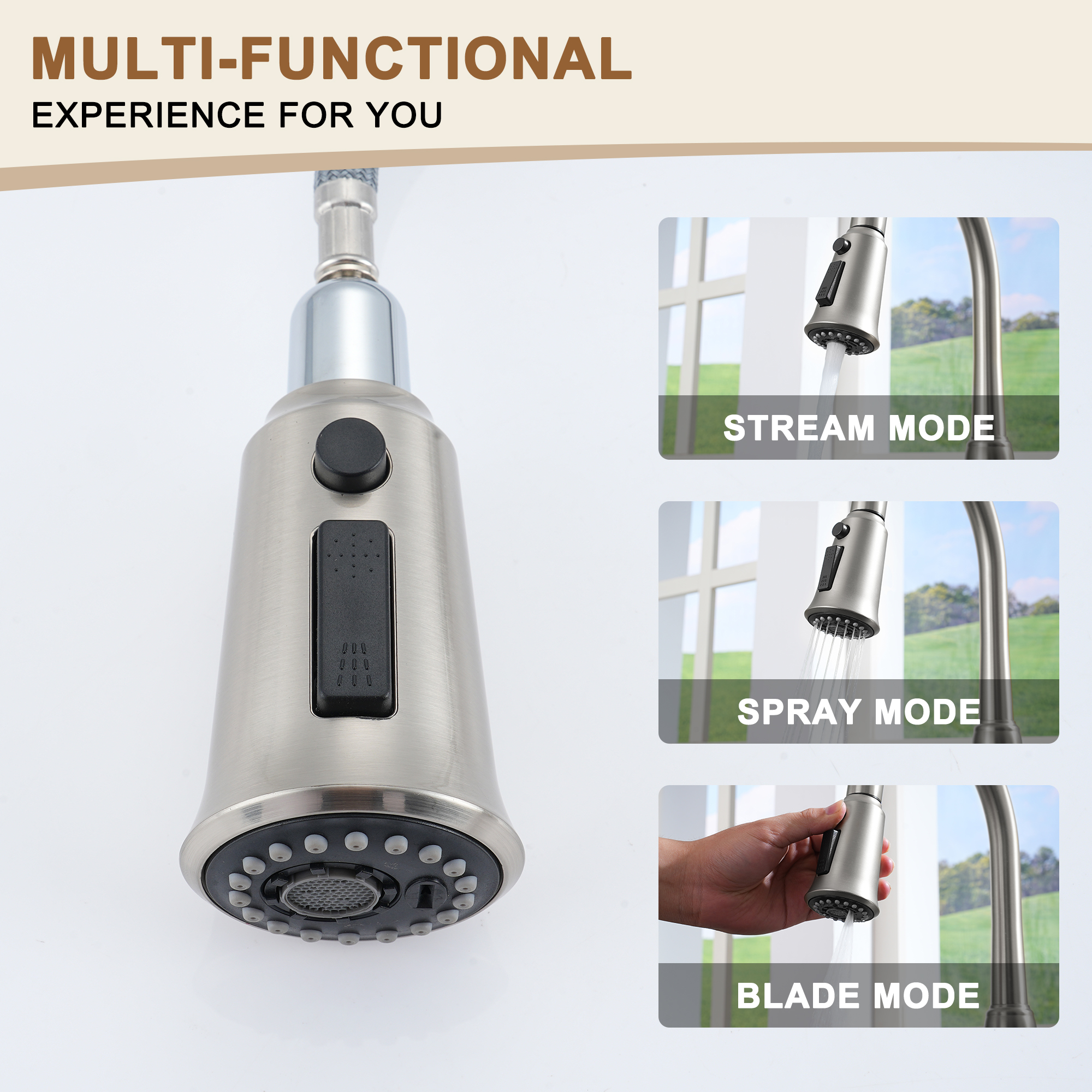 Single Handle Pull-Down Sprayer Kitchen Faucet with Three-function Pull out Sprayer head, Deckplate in Brushed Gold/Brushed Nickel/Matte Black/Matte White