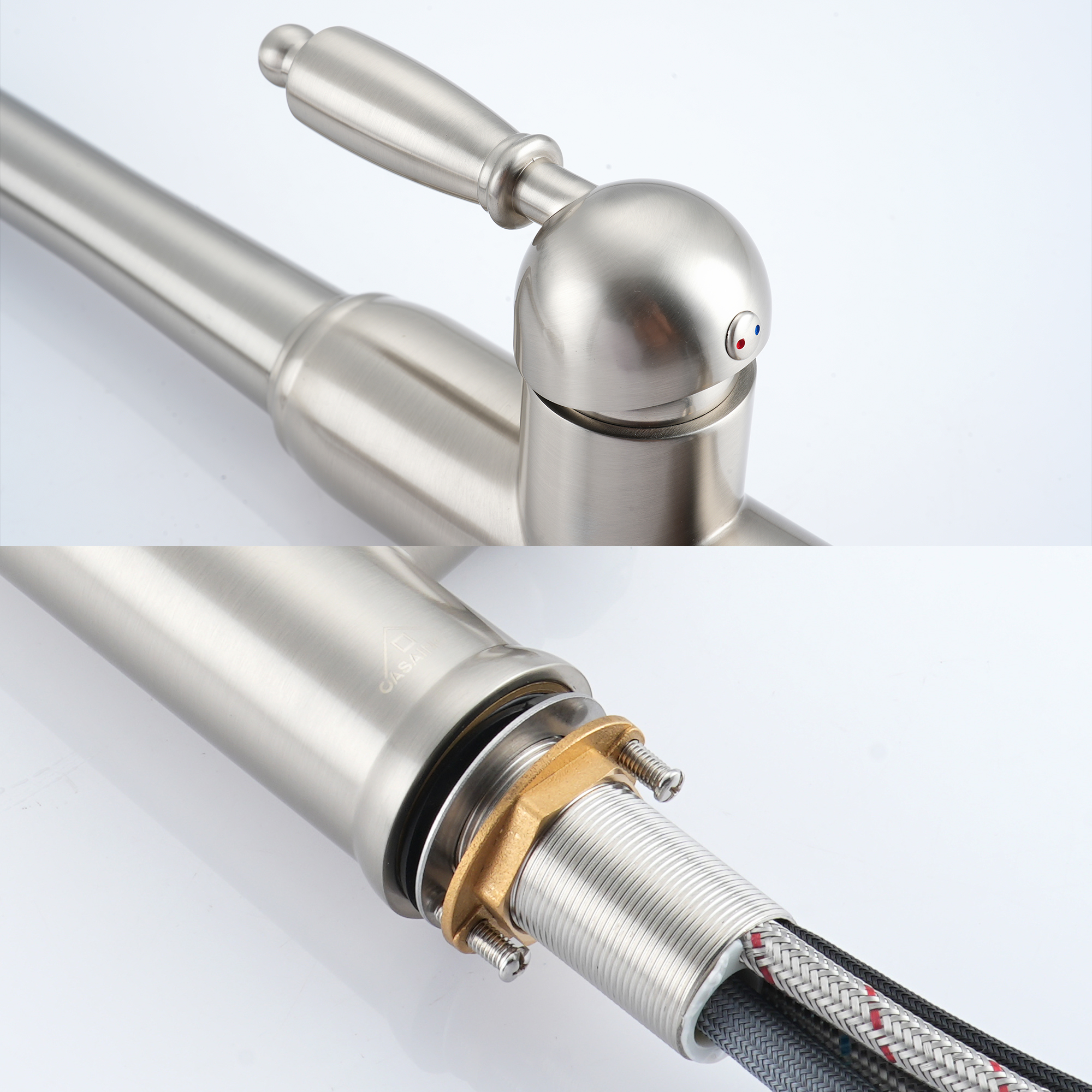 Single Handle Pull-Down Sprayer Kitchen Faucet with Three-function Pull out Sprayer head, Deckplate in Brushed Gold/Brushed Nickel/Matte Black/Matte White