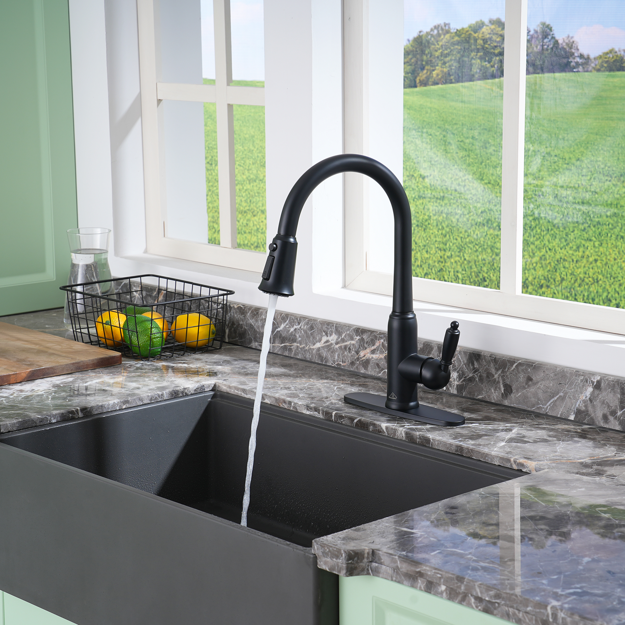 Single Handle Pull-Down Sprayer Kitchen Faucet with Three-function Pull out Sprayer head, Deckplate in Brushed Gold/Brushed Nickel/Matte Black/Matte White