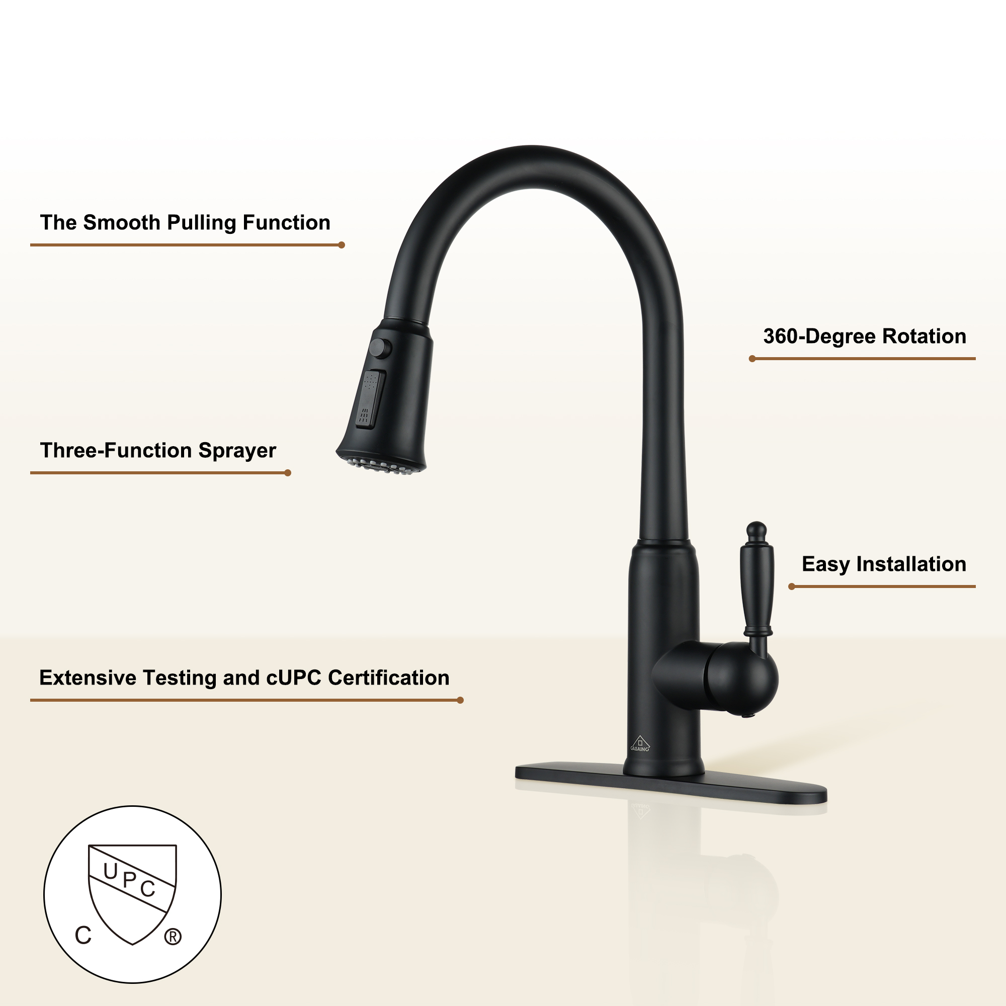 Single Handle Pull-Down Sprayer Kitchen Faucet with Three-function Pull out Sprayer head, Deckplate in Brushed Gold/Brushed Nickel/Matte Black/Matte White