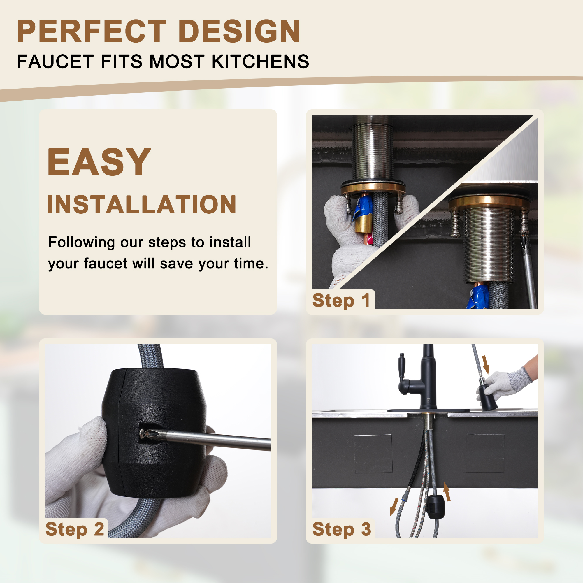 Single Handle Pull-Down Sprayer Kitchen Faucet with Three-function Pull out Sprayer head, Deckplate in Brushed Gold/Brushed Nickel/Matte Black/Matte White