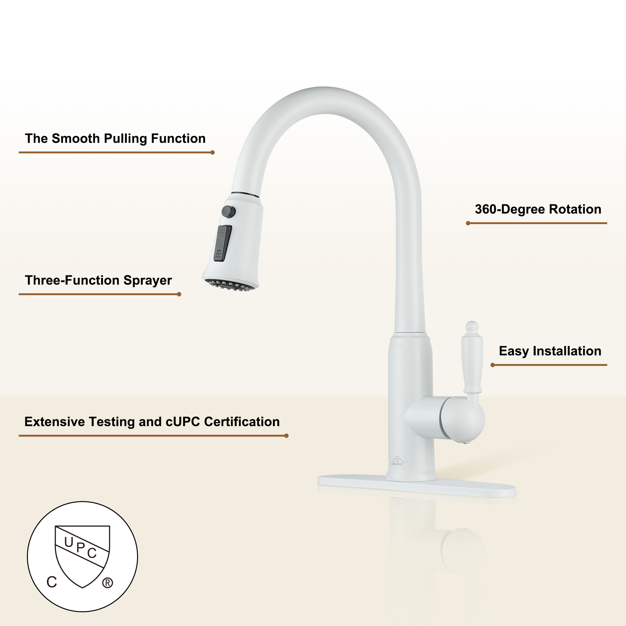 Single Handle Pull-Down Sprayer Kitchen Faucet with Three-function Pull out Sprayer head, Deckplate in Brushed Gold/Brushed Nickel/Matte Black/Matte White