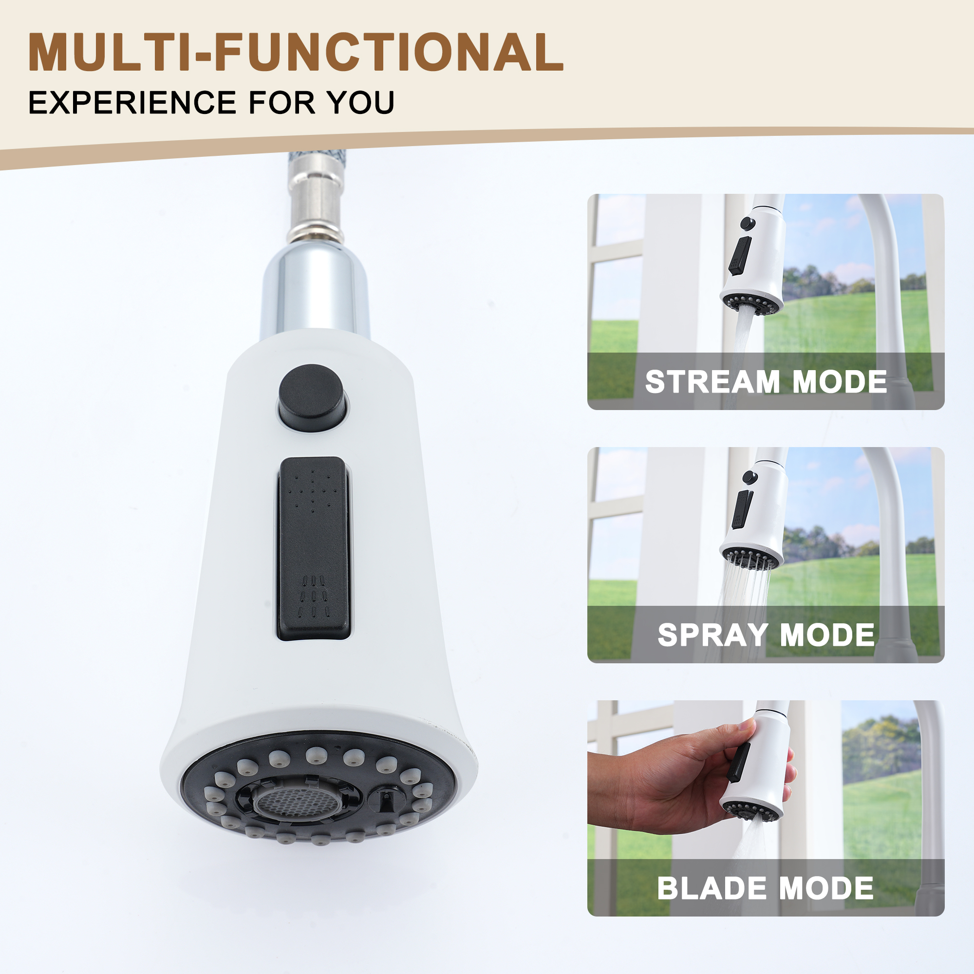 Single Handle Pull-Down Sprayer Kitchen Faucet with Three-function Pull out Sprayer head, Deckplate in Brushed Gold/Brushed Nickel/Matte Black/Matte White