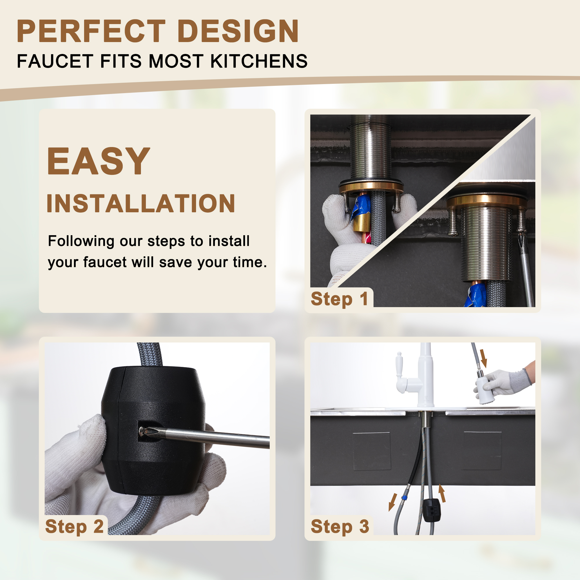 Single Handle Pull-Down Sprayer Kitchen Faucet with Three-function Pull out Sprayer head, Deckplate in Brushed Gold/Brushed Nickel/Matte Black/Matte White