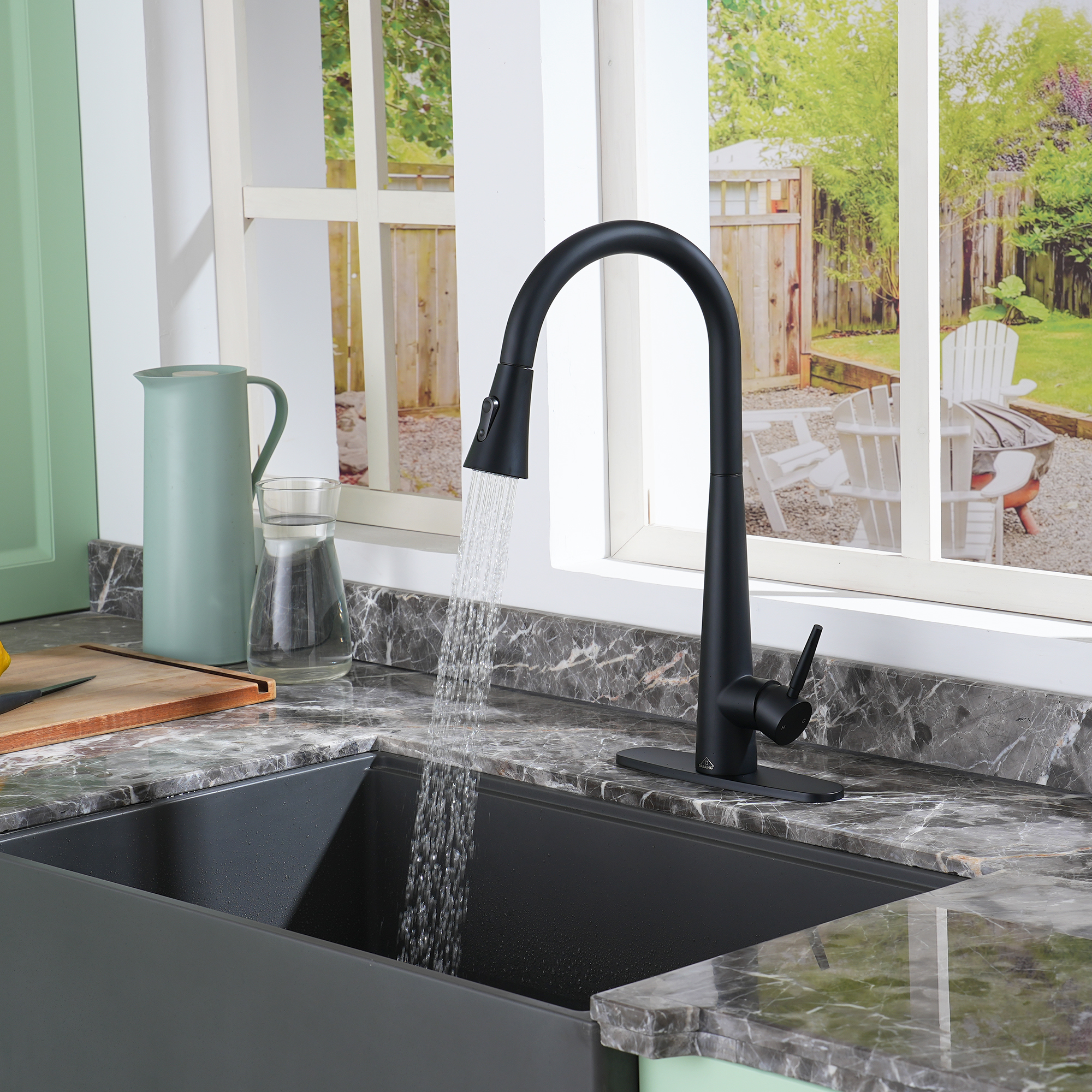 Kitchen-Faucet, Simple Kitchen Faucet with Pull Down Sprayer-Out Kitchen Sink Offers Efficient Cleaning for Kitchen Laundry Utility Rv Wet Bar -with Deck Plate -Matt Black-4