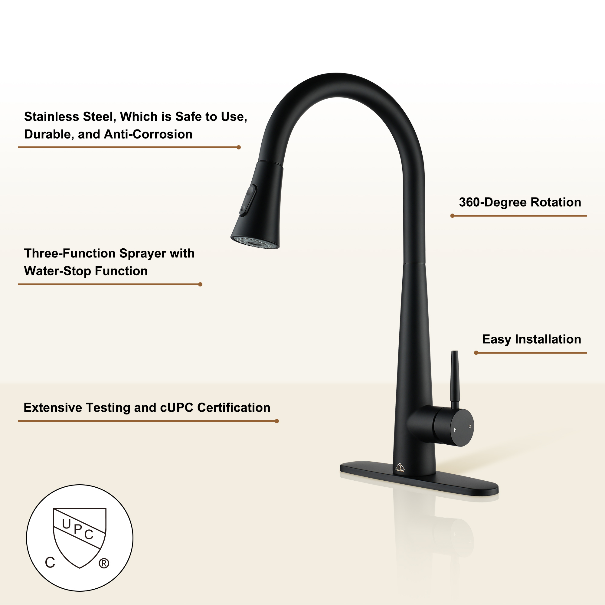 Kitchen-Faucet, Simple Kitchen Faucet with Pull Down Sprayer-Out Kitchen Sink Offers Efficient Cleaning for Kitchen Laundry Utility Rv Wet Bar -with Deck Plate -Matt Black-4