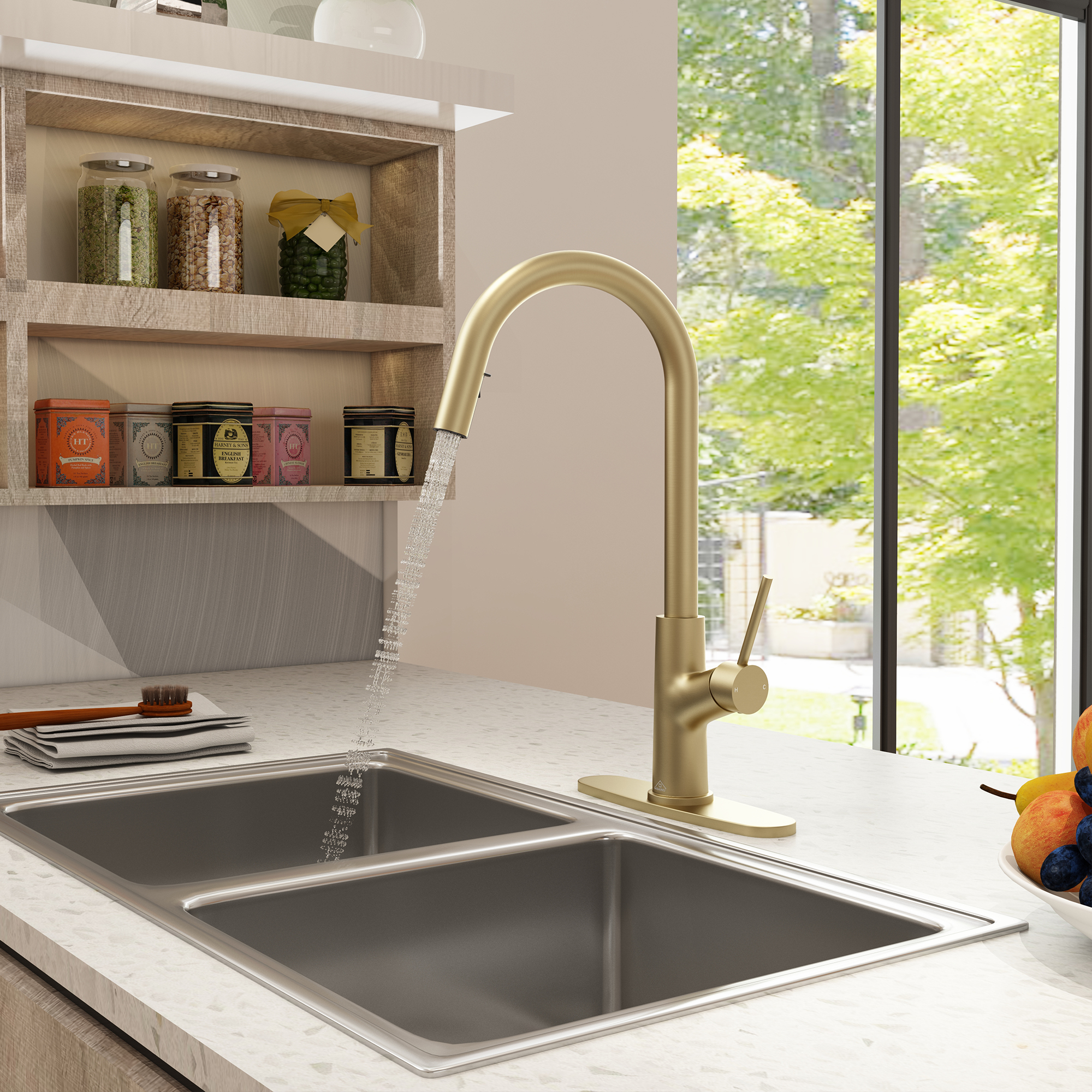 2-Spray Patterns Single Handle Pull Down Sprayer Kitchen Faucet with Deckplate and Water Supply Hoses in Brushed Gold