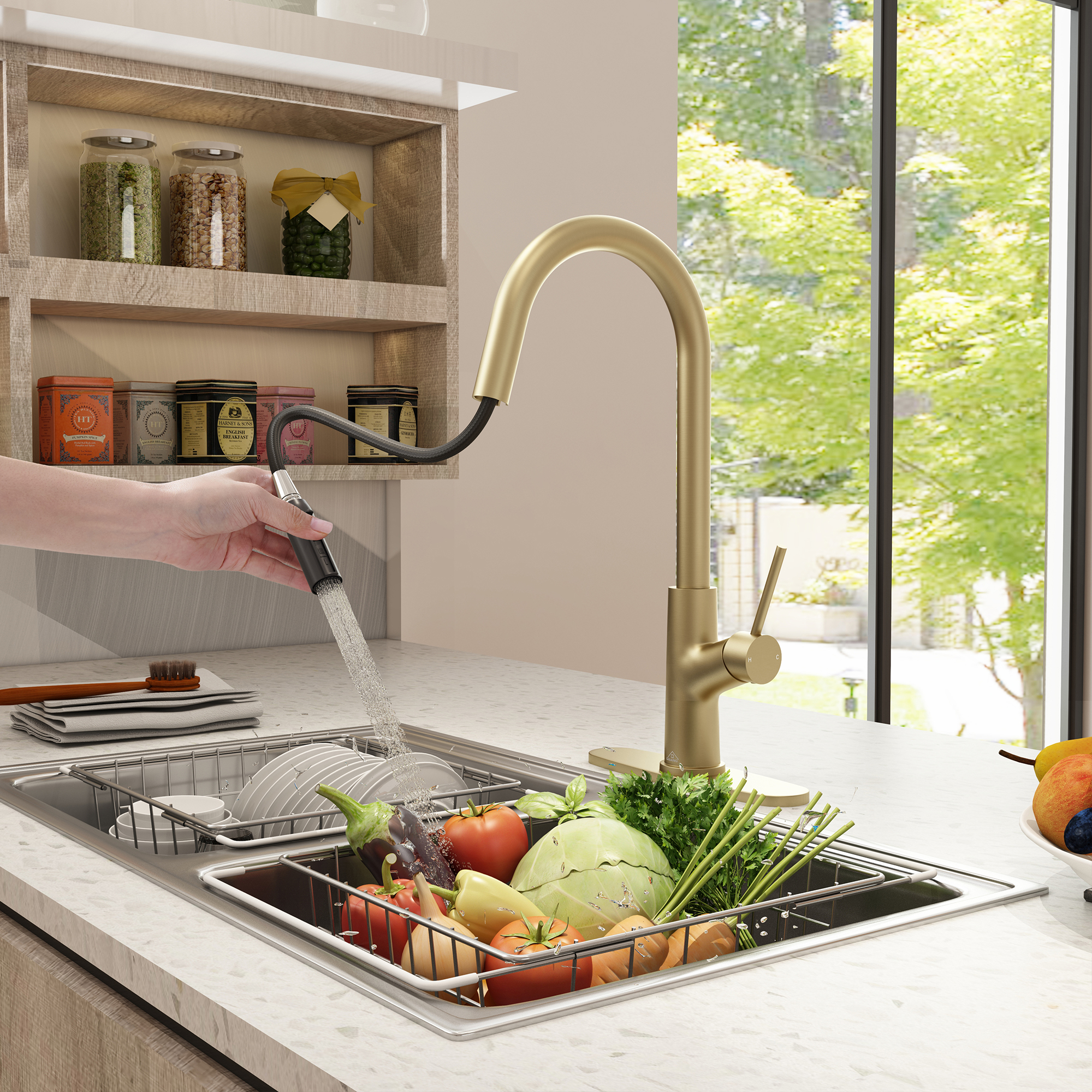 2-Spray Patterns Single Handle Pull Down Sprayer Kitchen Faucet with Deckplate and Water Supply Hoses in Brushed Gold