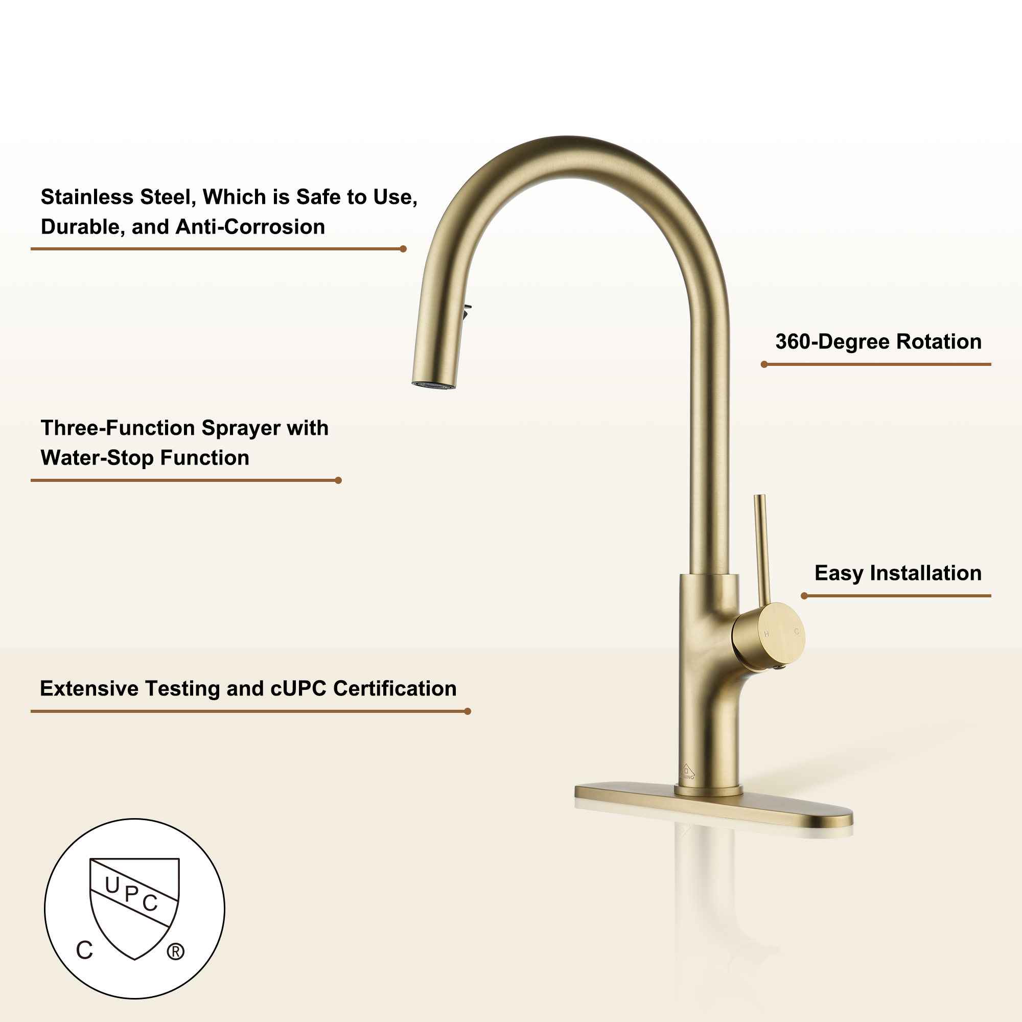 2-Spray Patterns Single Handle Pull Down Sprayer Kitchen Faucet with Deckplate and Water Supply Hoses in Brushed Gold