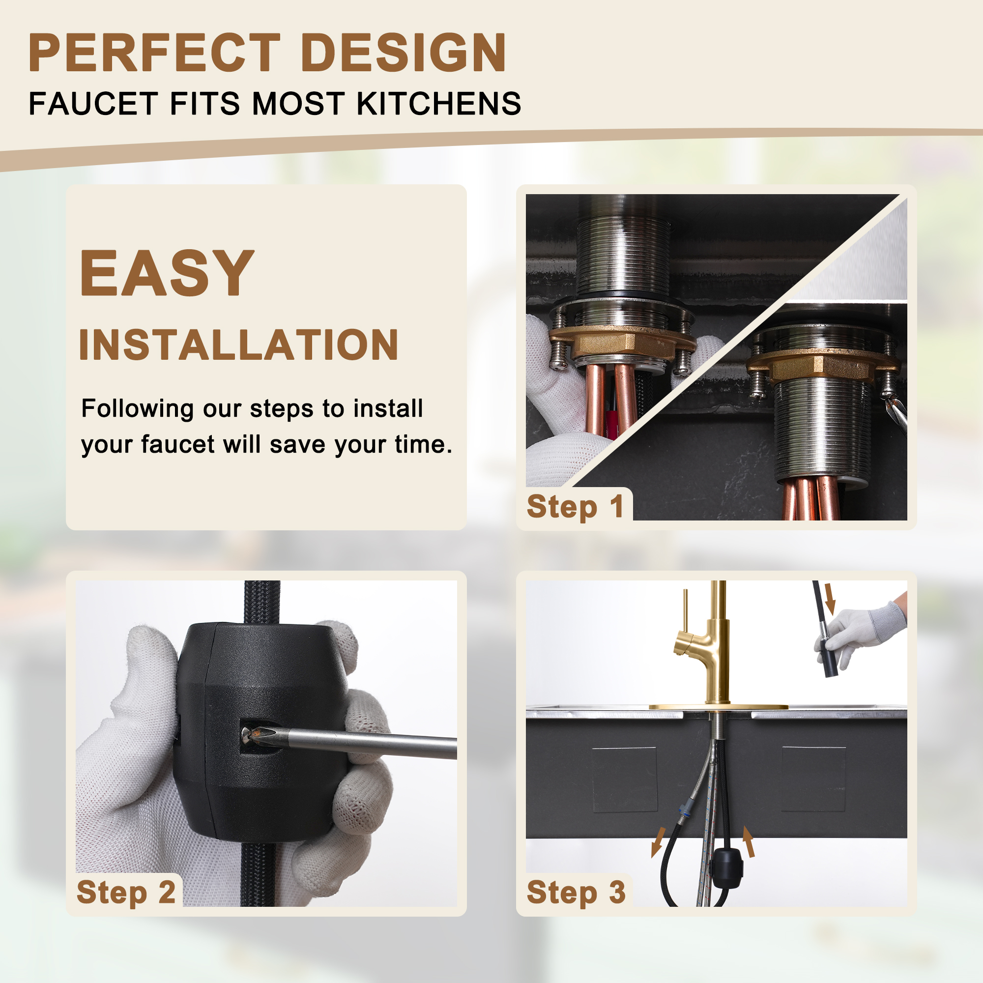 2-Spray Patterns Single Handle Pull Down Sprayer Kitchen Faucet with Deckplate and Water Supply Hoses in Brushed Gold
