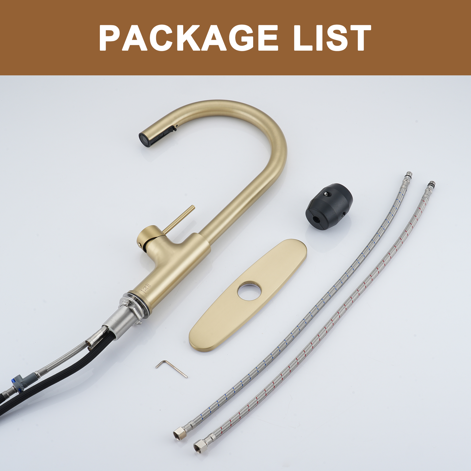 2-Spray Patterns Single Handle Pull Down Sprayer Kitchen Faucet with Deckplate and Water Supply Hoses in Brushed Gold