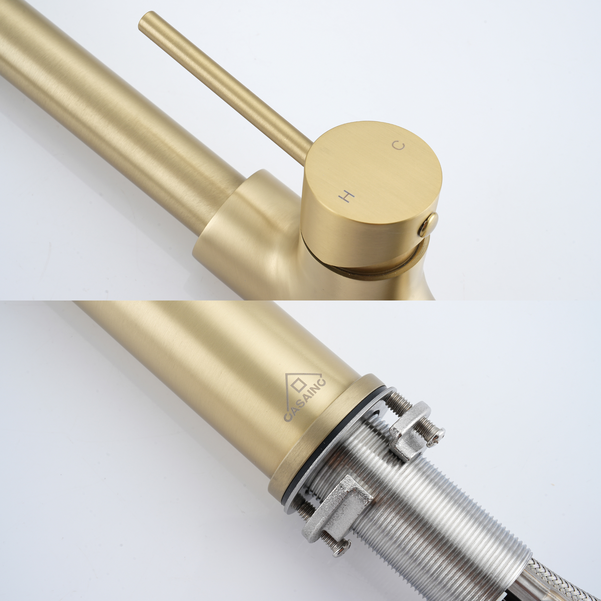 2-Spray Patterns Single Handle Pull Down Sprayer Kitchen Faucet with Deckplate and Water Supply Hoses in Brushed Gold