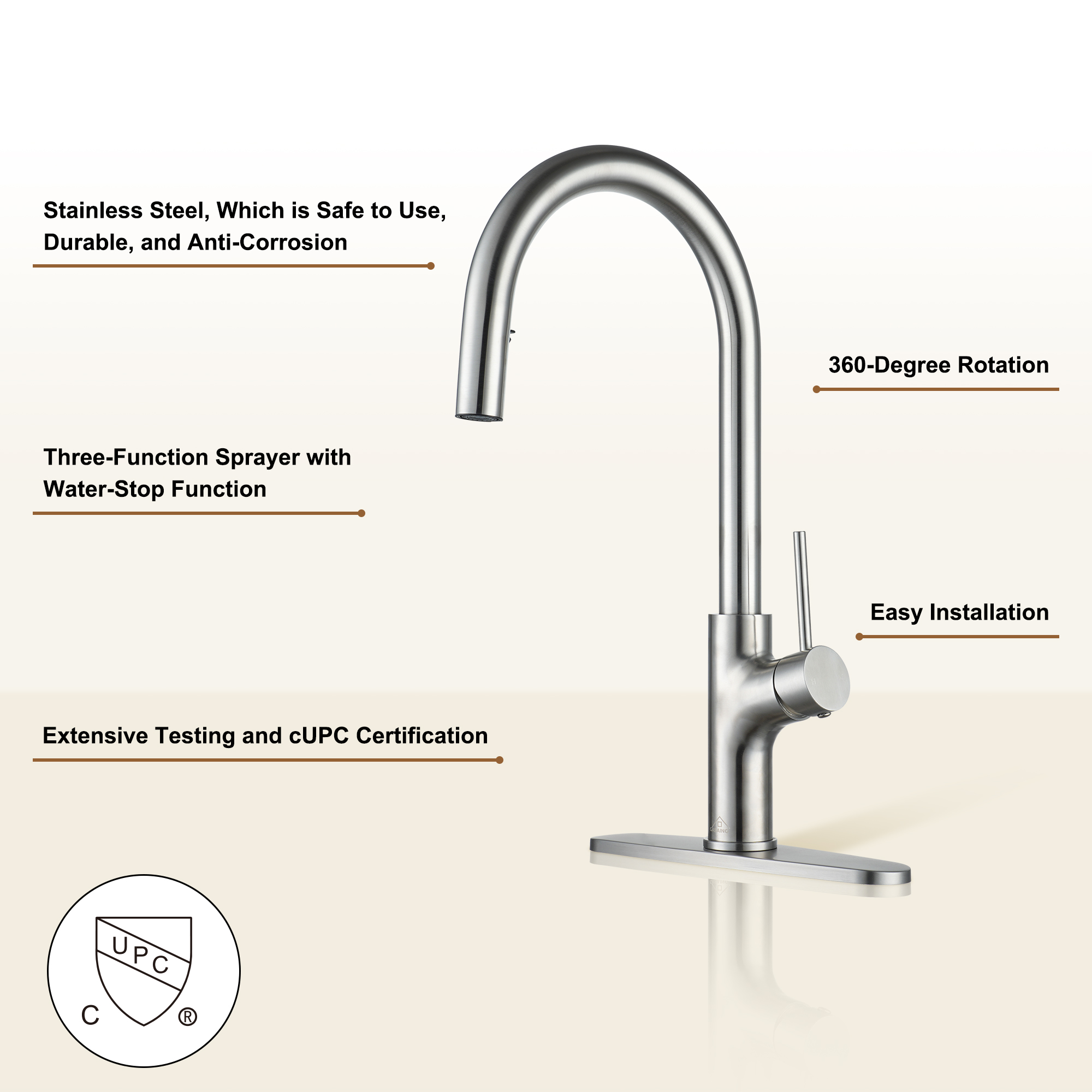 2-Spray Patterns Single Handle Pull Down Sprayer Kitchen Faucet with Deckplate and Water Supply Hoses in Brushed Gold