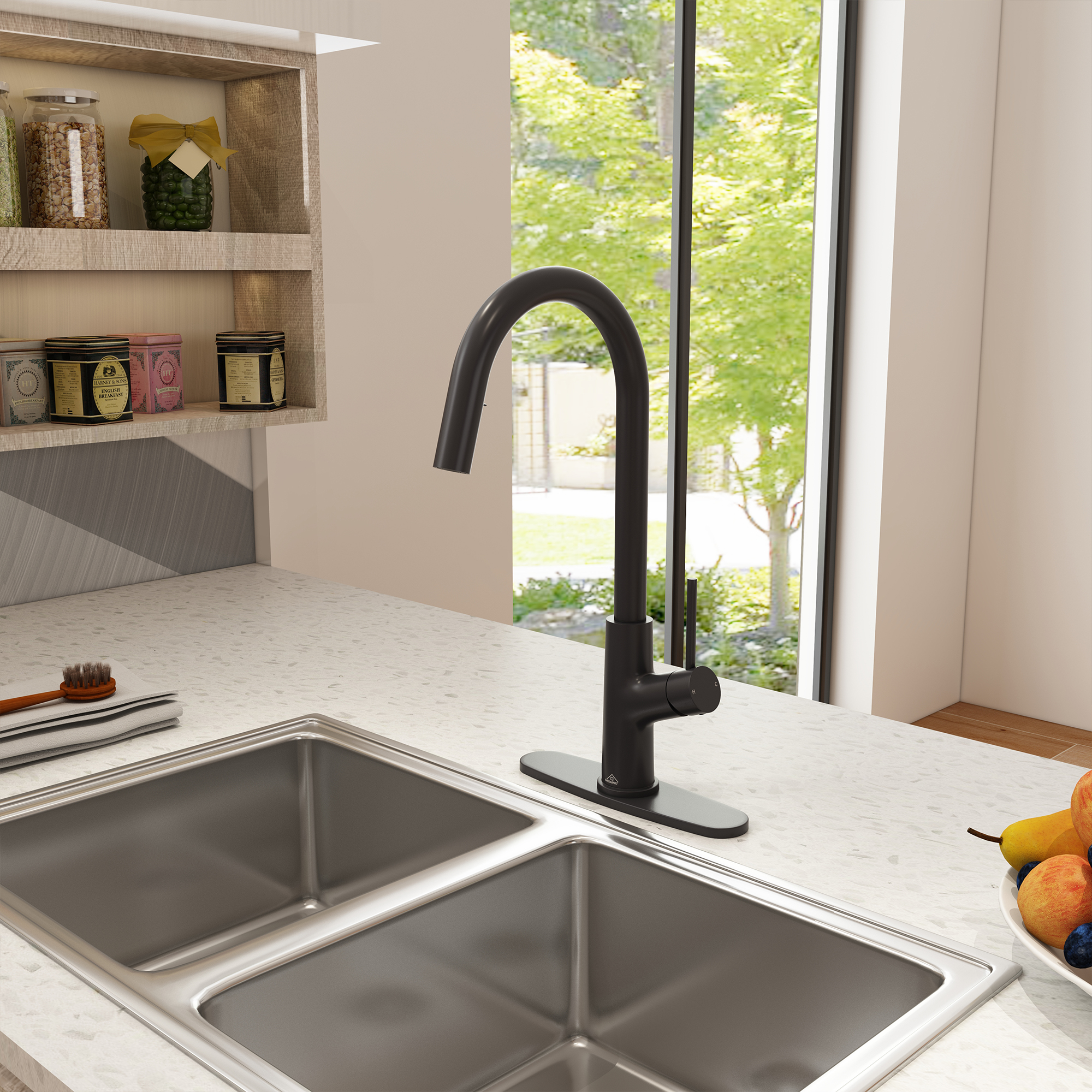 2-Spray Patterns Single Handle Pull Down Sprayer Kitchen Faucet with Deckplate and Water Supply Hoses in Brushed Gold