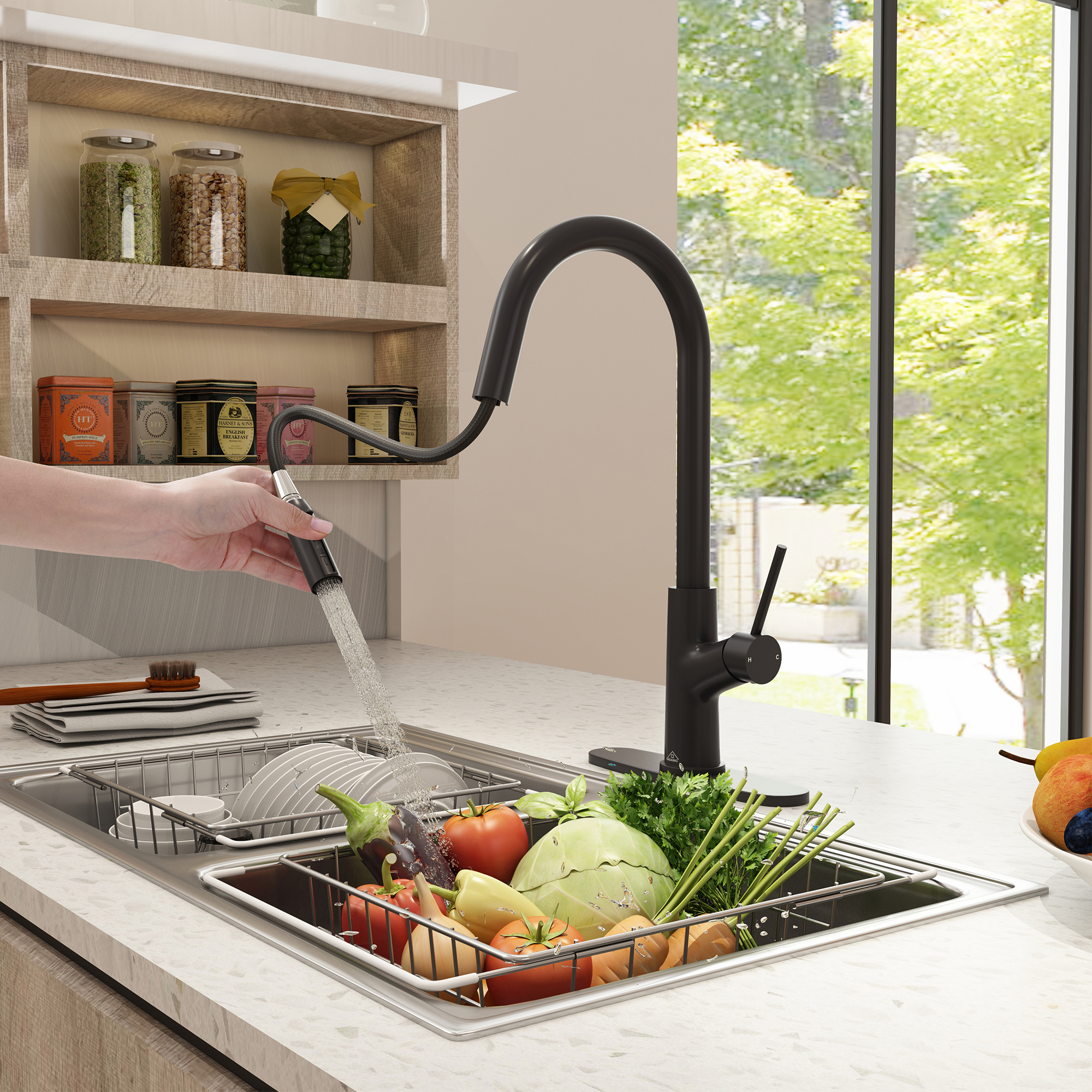 2-Spray Patterns Single Handle Pull Down Sprayer Kitchen Faucet with Deckplate and Water Supply Hoses in Brushed Gold