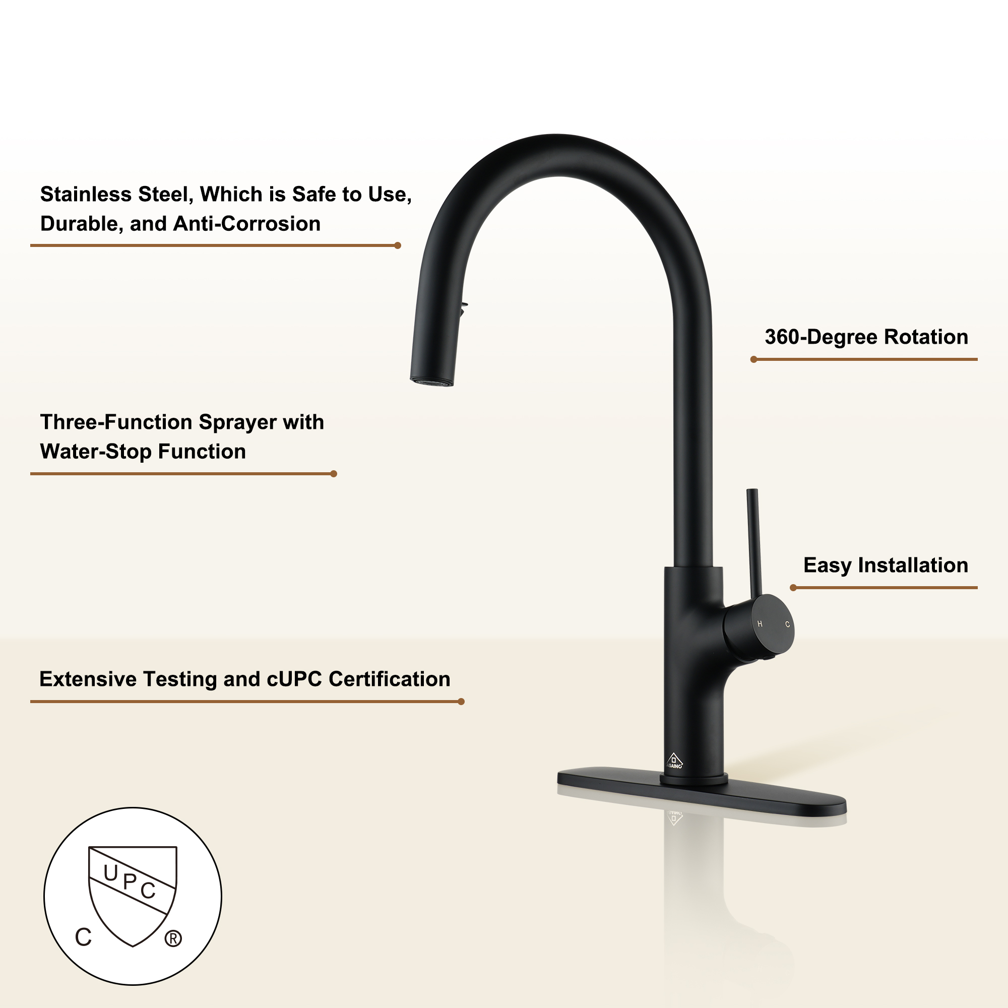 2-Spray Patterns Single Handle Pull Down Sprayer Kitchen Faucet with Deckplate and Water Supply Hoses in Brushed Gold
