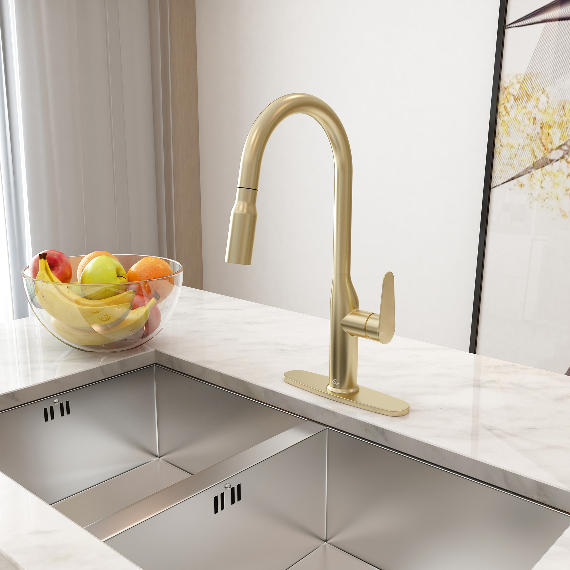 Modern Single Handle Pull Down Sprayer Kitchen Faucet with Deckplate and Water Supply Hoses in Brushed Gold/Brushed Nickel/Matte Black/Matte White