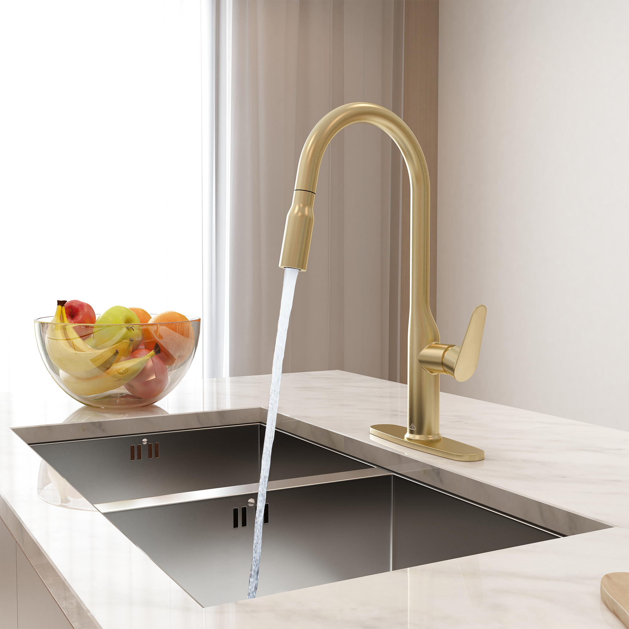 Modern Single Handle Pull Down Sprayer Kitchen Faucet with Deckplate and Water Supply Hoses in Brushed Gold/Brushed Nickel/Matte Black/Matte White