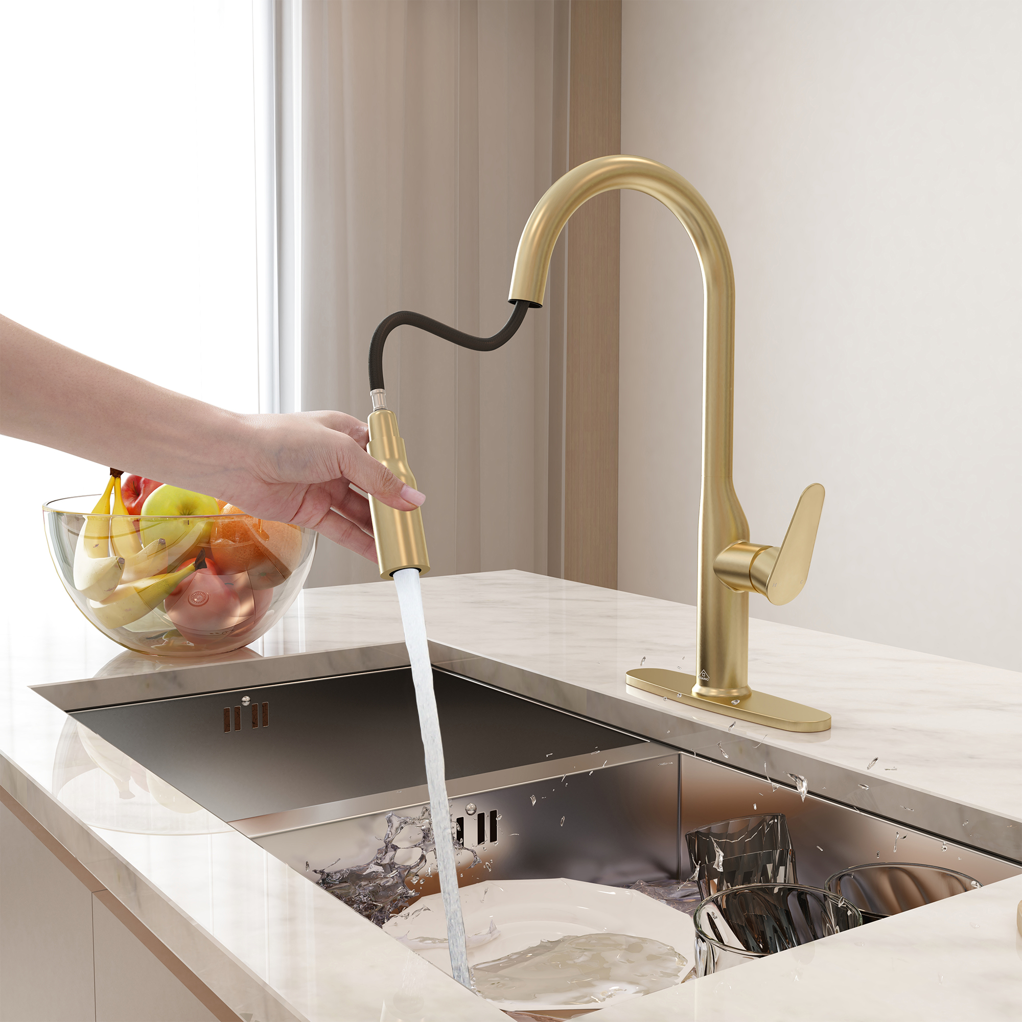 Modern Single Handle Pull Down Sprayer Kitchen Faucet with Deckplate and Water Supply Hoses in Brushed Gold/Brushed Nickel/Matte Black/Matte White