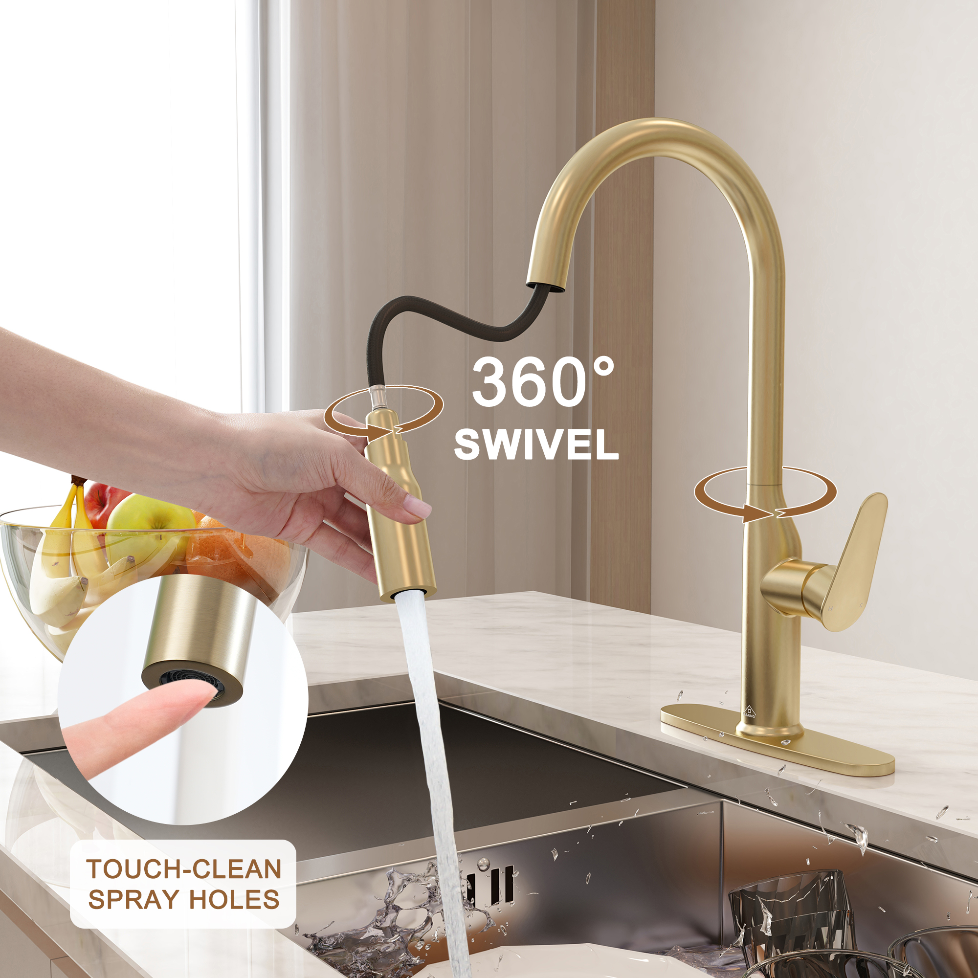 Modern Single Handle Pull Down Sprayer Kitchen Faucet with Deckplate and Water Supply Hoses in Brushed Gold/Brushed Nickel/Matte Black/Matte White