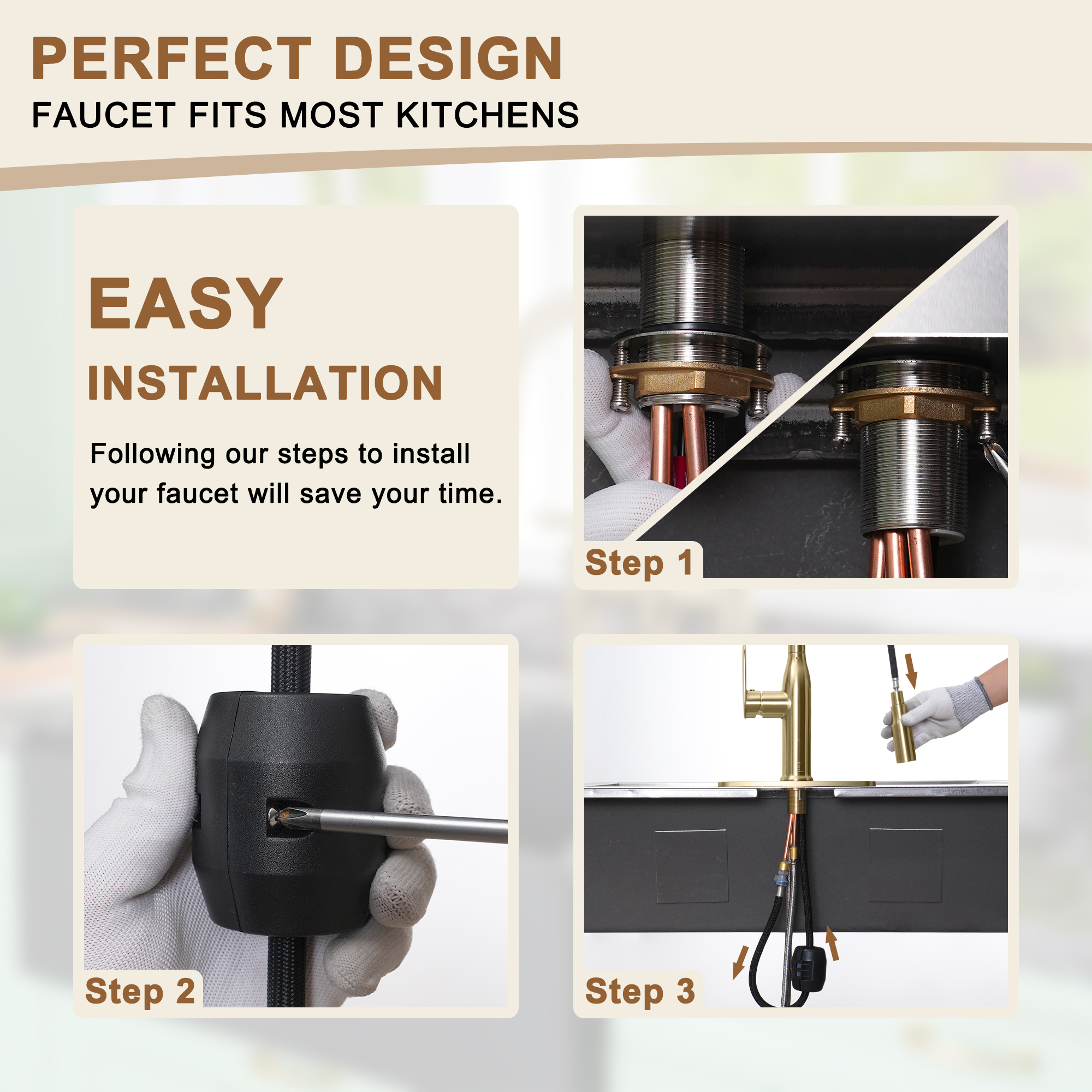 Modern Single Handle Pull Down Sprayer Kitchen Faucet with Deckplate and Water Supply Hoses in Brushed Gold/Brushed Nickel/Matte Black/Matte White