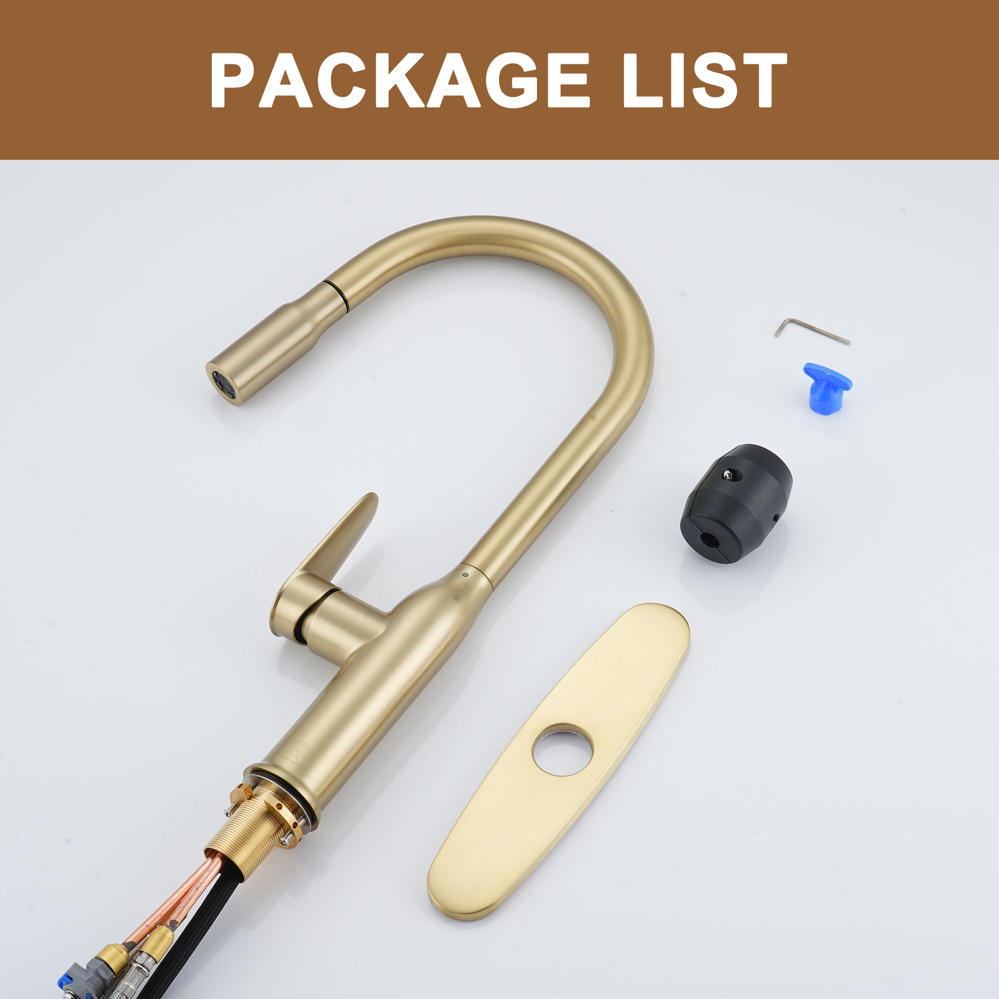 Modern Single Handle Pull Down Sprayer Kitchen Faucet with Deckplate and Water Supply Hoses in Brushed Gold/Brushed Nickel/Matte Black/Matte White