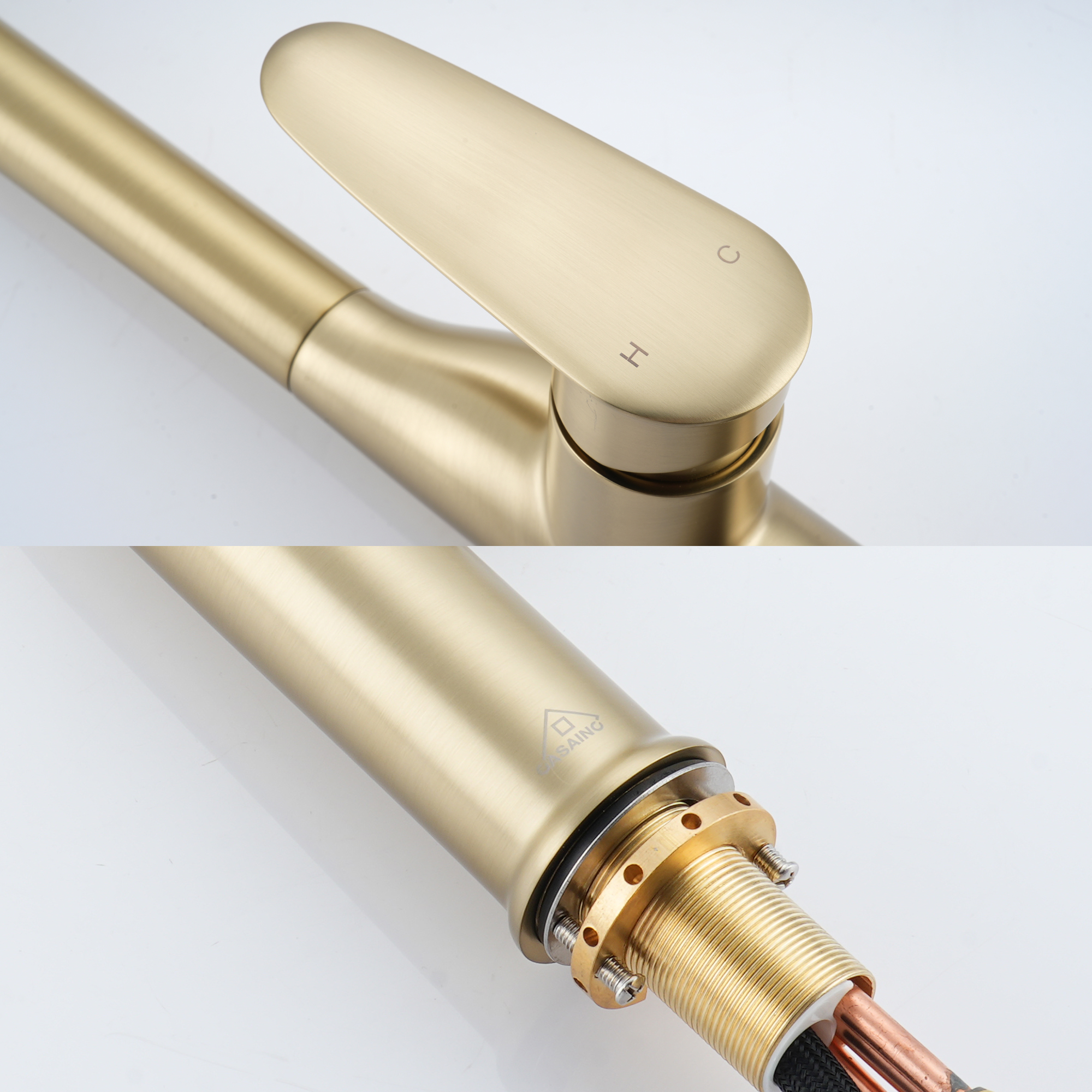 Modern Single Handle Pull Down Sprayer Kitchen Faucet with Deckplate and Water Supply Hoses in Brushed Gold/Brushed Nickel/Matte Black/Matte White