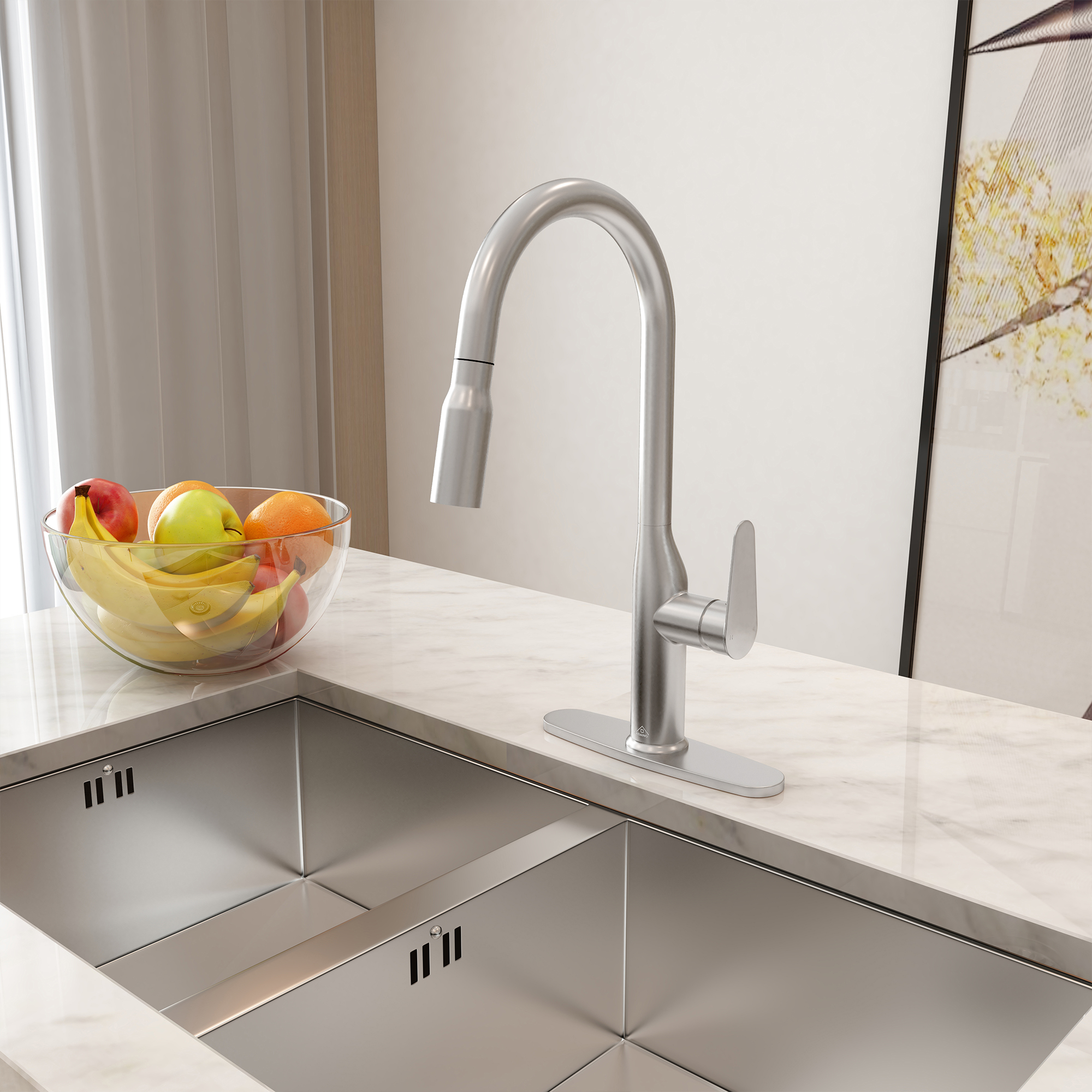 Modern Single Handle Pull Down Sprayer Kitchen Faucet with Deckplate and Water Supply Hoses in Brushed Gold/Brushed Nickel/Matte Black/Matte White