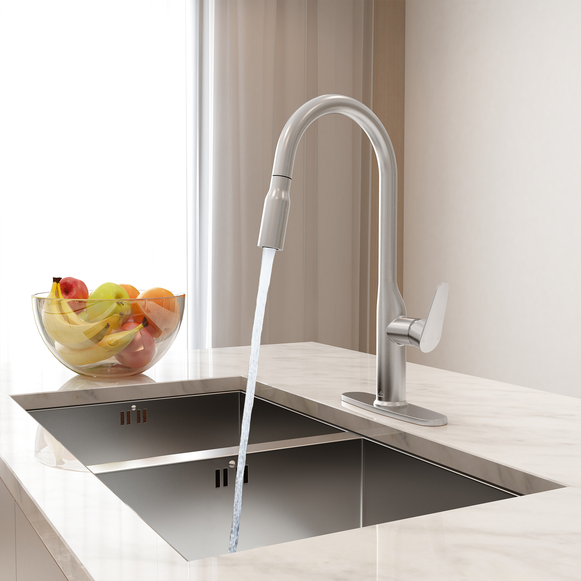 Modern Single Handle Pull Down Sprayer Kitchen Faucet with Deckplate and Water Supply Hoses in Brushed Gold/Brushed Nickel/Matte Black/Matte White