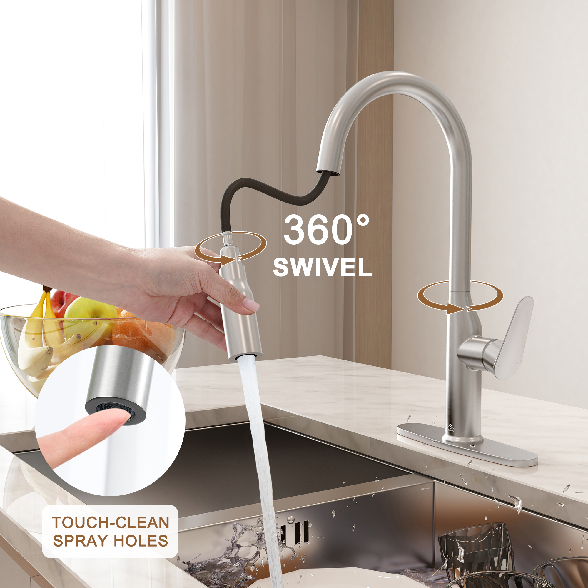 Modern Single Handle Pull Down Sprayer Kitchen Faucet with Deckplate and Water Supply Hoses in Brushed Gold/Brushed Nickel/Matte Black/Matte White
