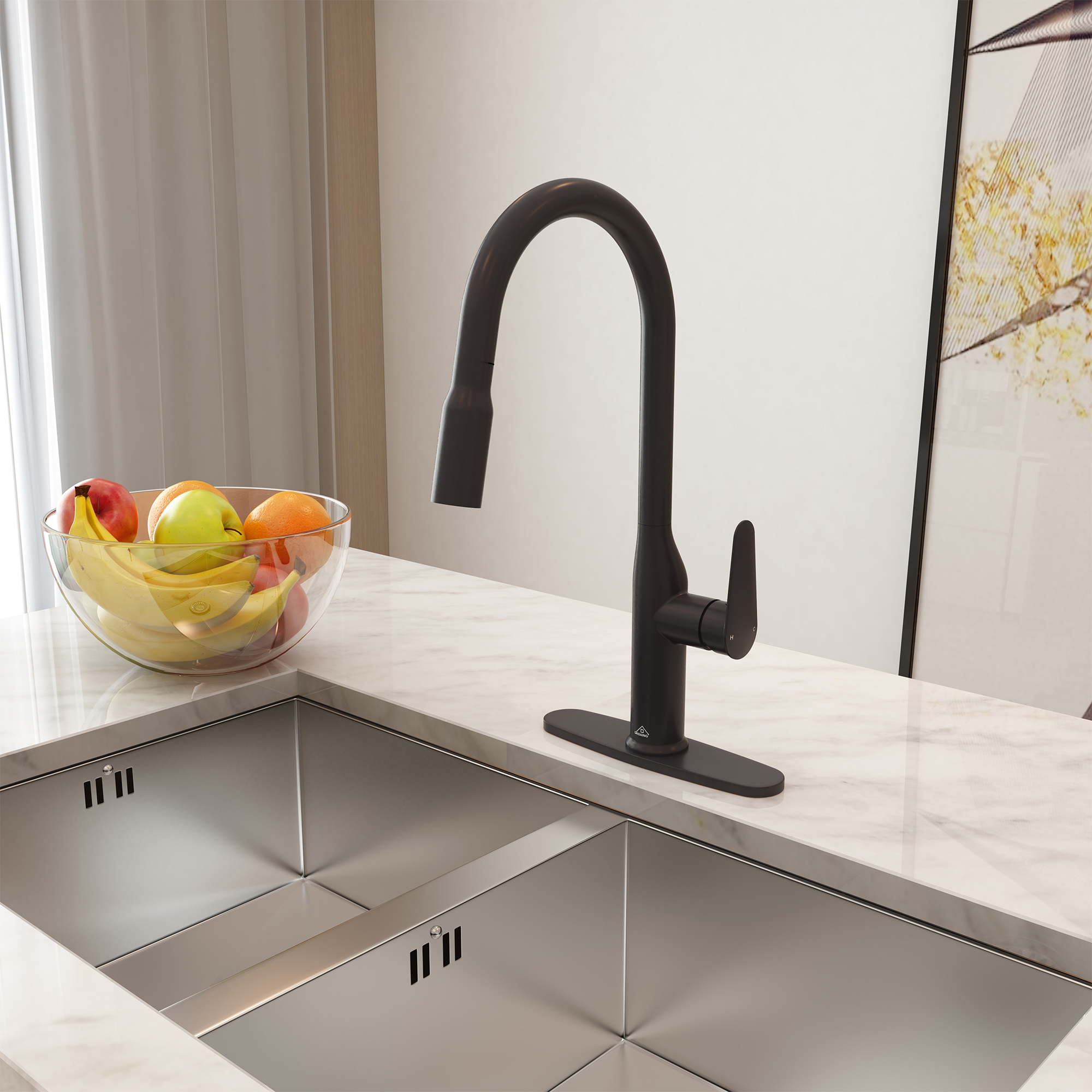 Modern Single Handle Pull Down Sprayer Kitchen Faucet with Deckplate and Water Supply Hoses in Brushed Gold/Brushed Nickel/Matte Black/Matte White