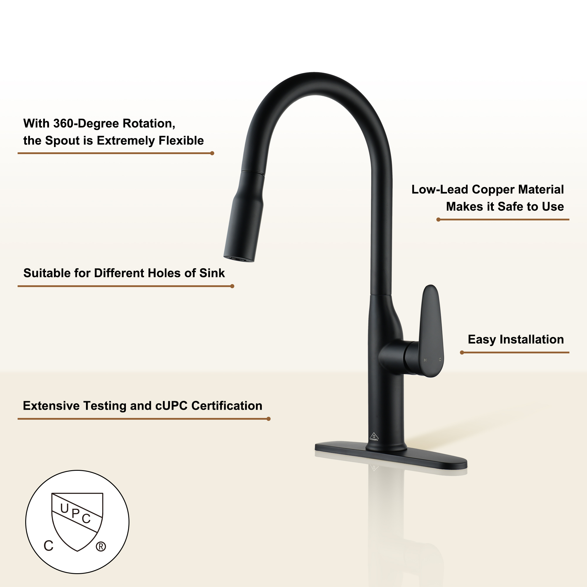 Modern Single Handle Pull Down Sprayer Kitchen Faucet with Deckplate and Water Supply Hoses in Brushed Gold/Brushed Nickel/Matte Black/Matte White
