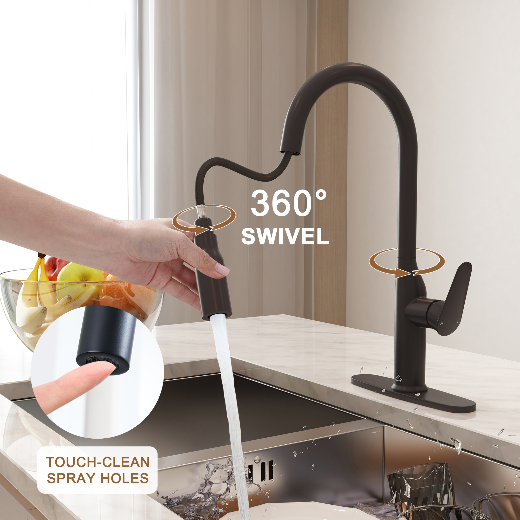 Modern Single Handle Pull Down Sprayer Kitchen Faucet with Deckplate and Water Supply Hoses in Brushed Gold/Brushed Nickel/Matte Black/Matte White