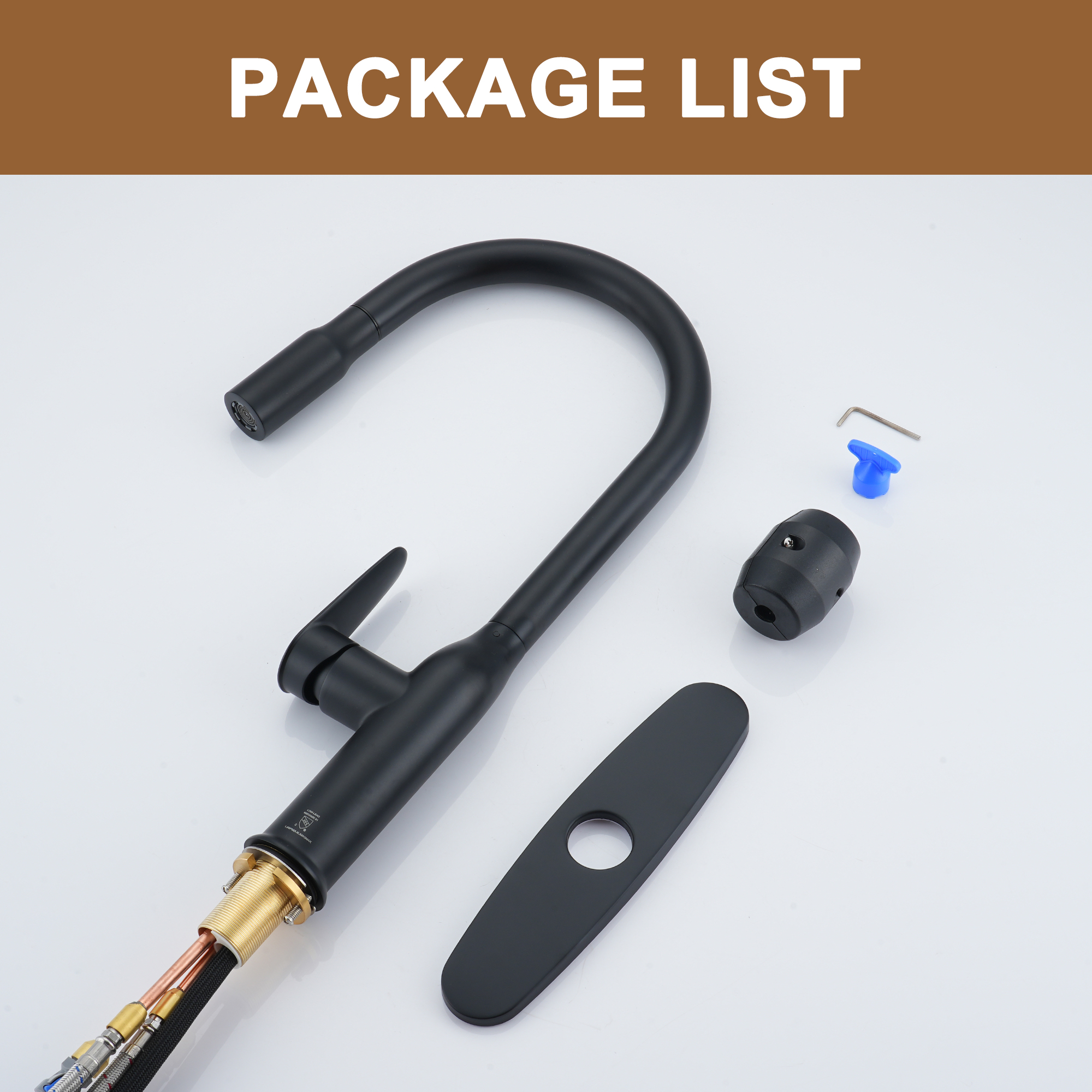 Modern Single Handle Pull Down Sprayer Kitchen Faucet with Deckplate and Water Supply Hoses in Brushed Gold/Brushed Nickel/Matte Black/Matte White