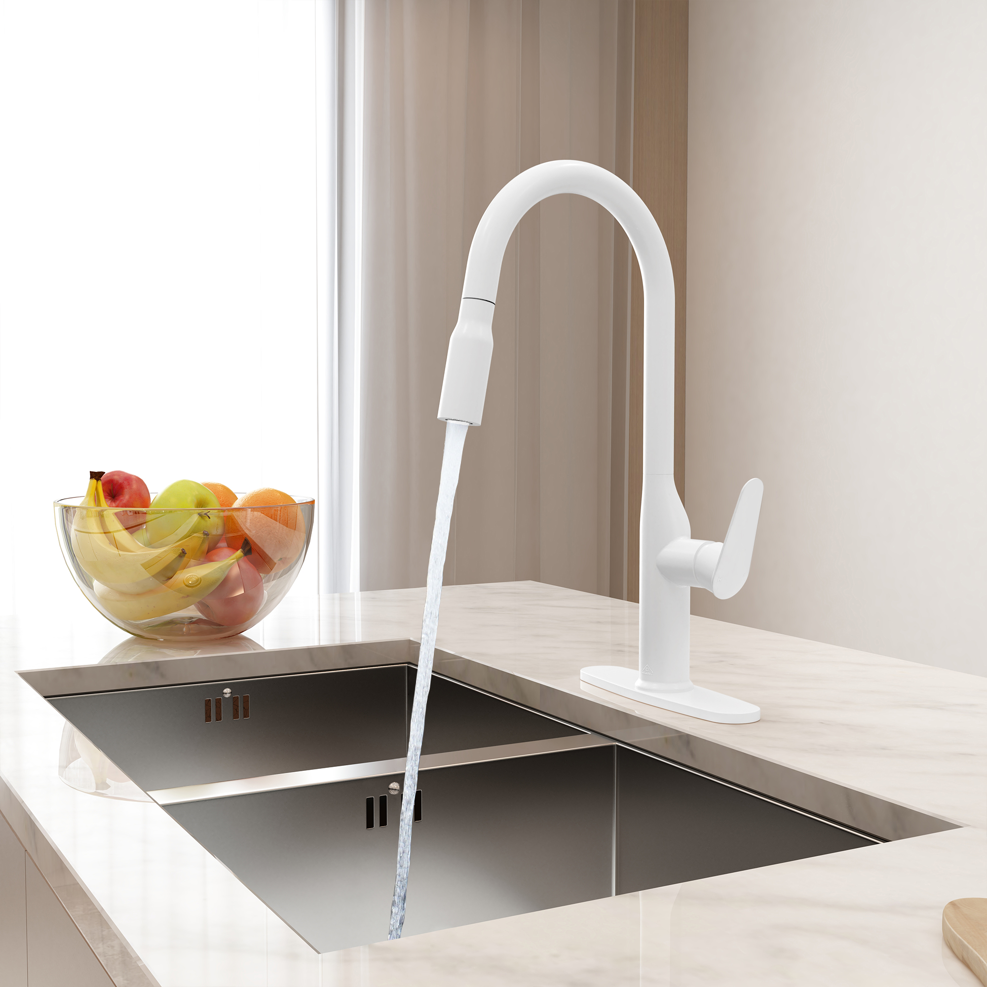 Modern Single Handle Pull Down Sprayer Kitchen Faucet with Deckplate and Water Supply Hoses in Brushed Gold/Brushed Nickel/Matte Black/Matte White