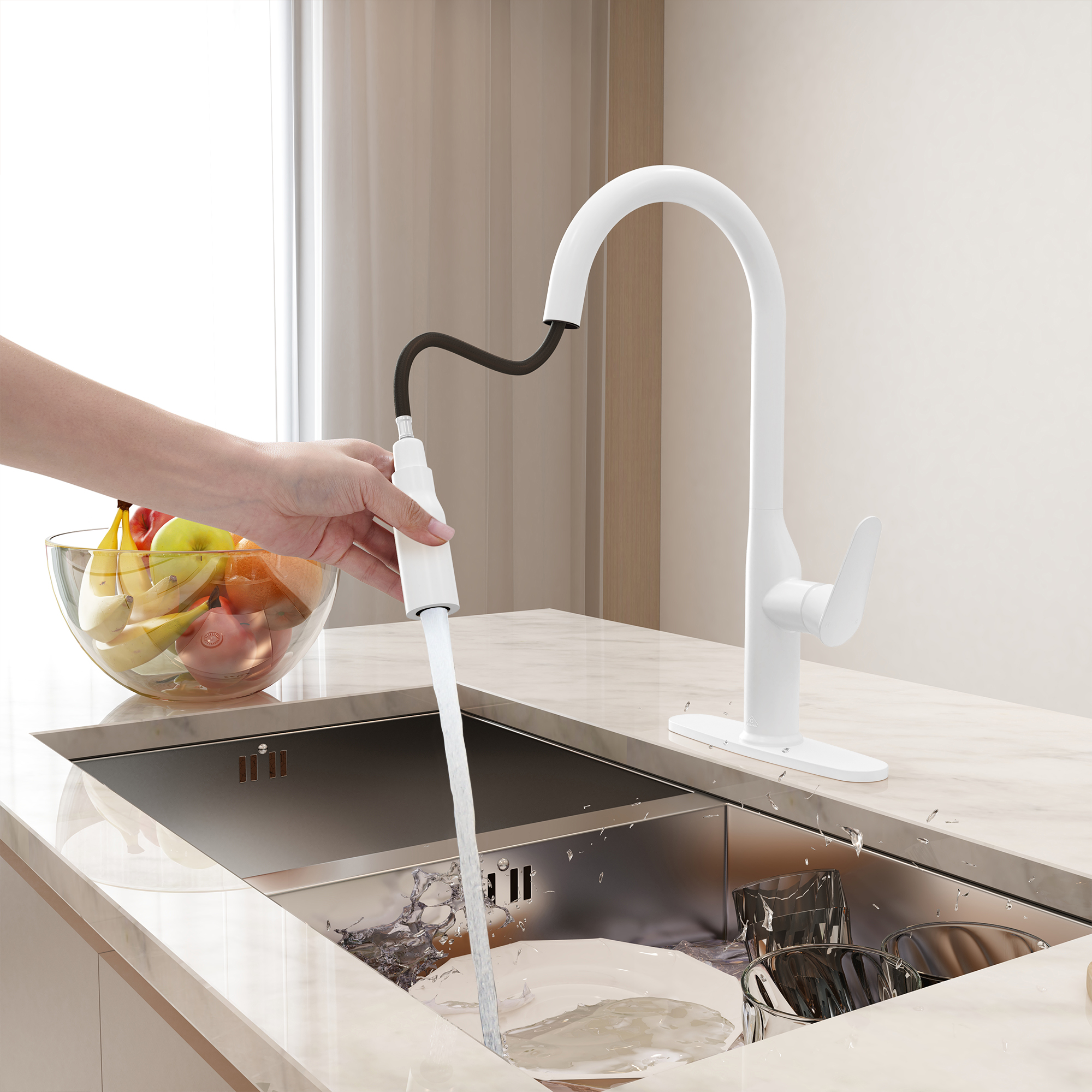 Modern Single Handle Pull Down Sprayer Kitchen Faucet with Deckplate and Water Supply Hoses in Brushed Gold/Brushed Nickel/Matte Black/Matte White