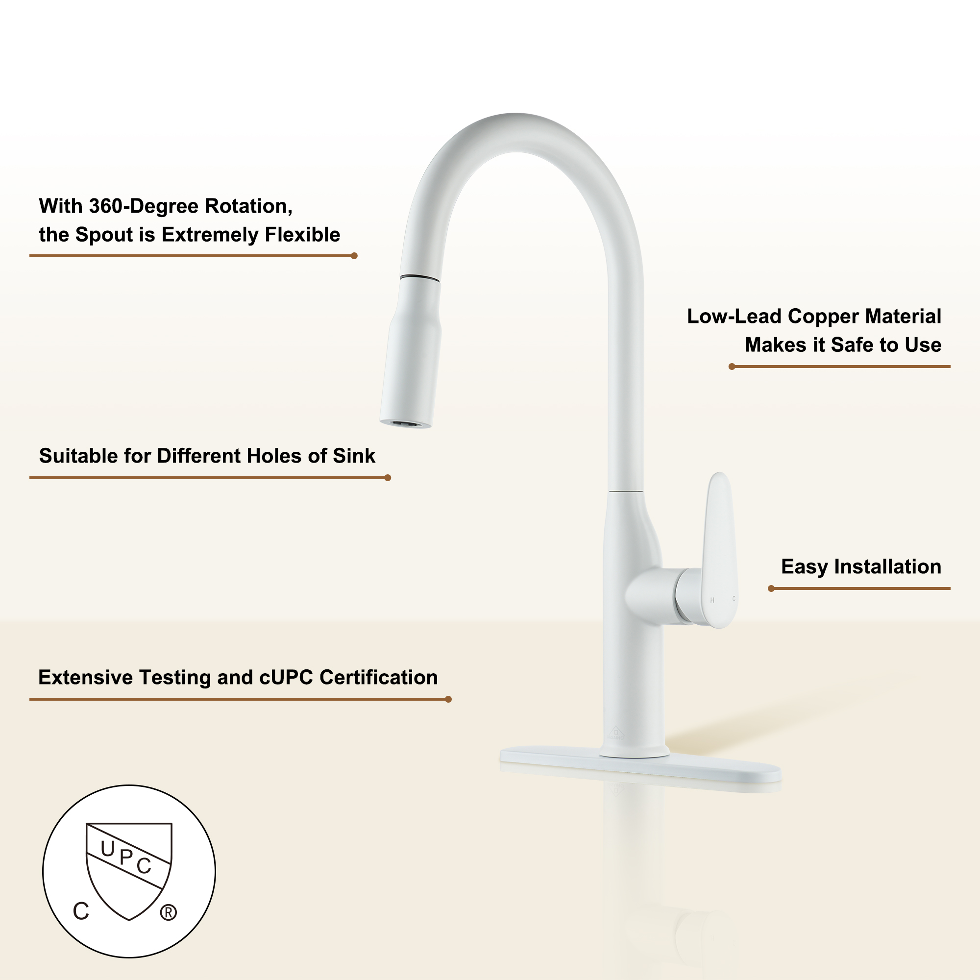 Modern Single Handle Pull Down Sprayer Kitchen Faucet with Deckplate and Water Supply Hoses in Brushed Gold/Brushed Nickel/Matte Black/Matte White