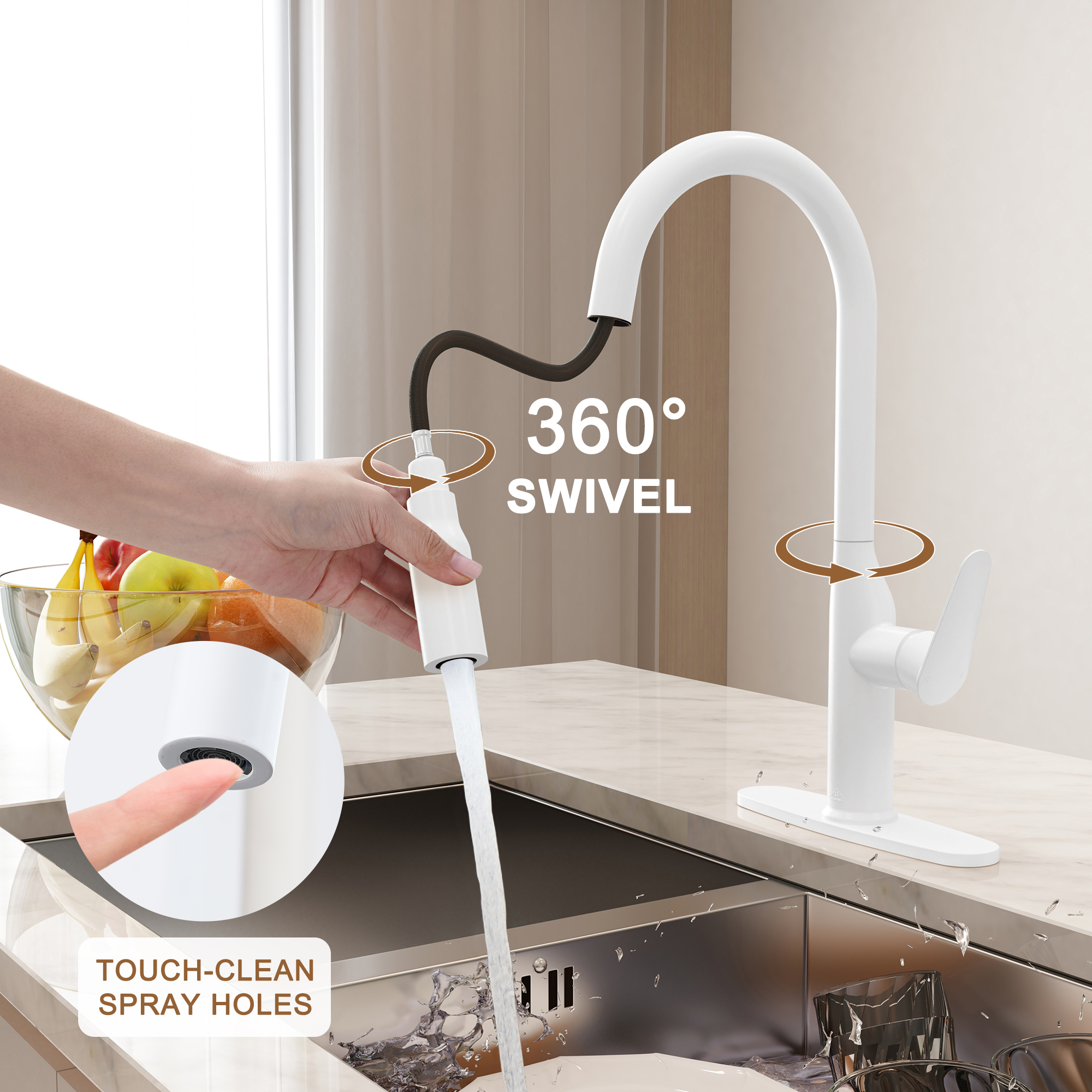 Modern Single Handle Pull Down Sprayer Kitchen Faucet with Deckplate and Water Supply Hoses in Brushed Gold/Brushed Nickel/Matte Black/Matte White