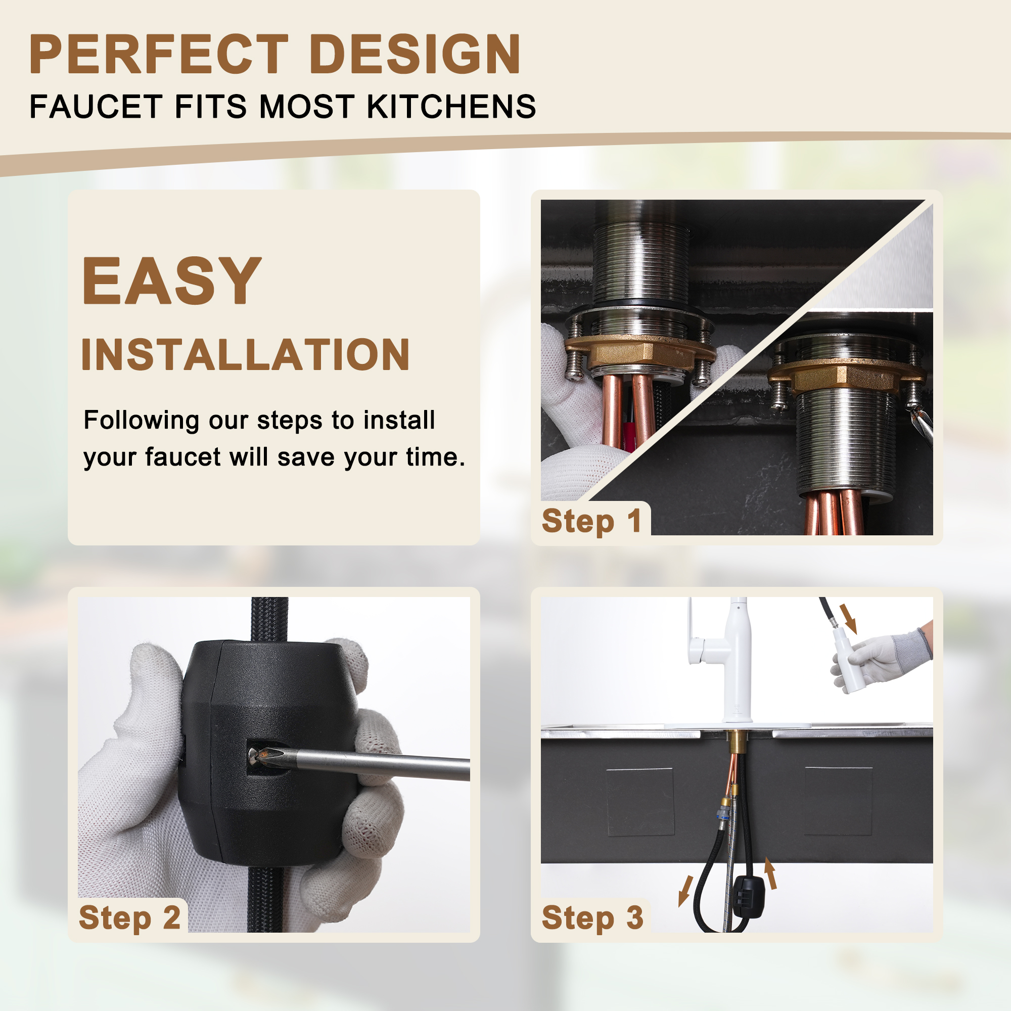 Modern Single Handle Pull Down Sprayer Kitchen Faucet with Deckplate and Water Supply Hoses in Brushed Gold/Brushed Nickel/Matte Black/Matte White