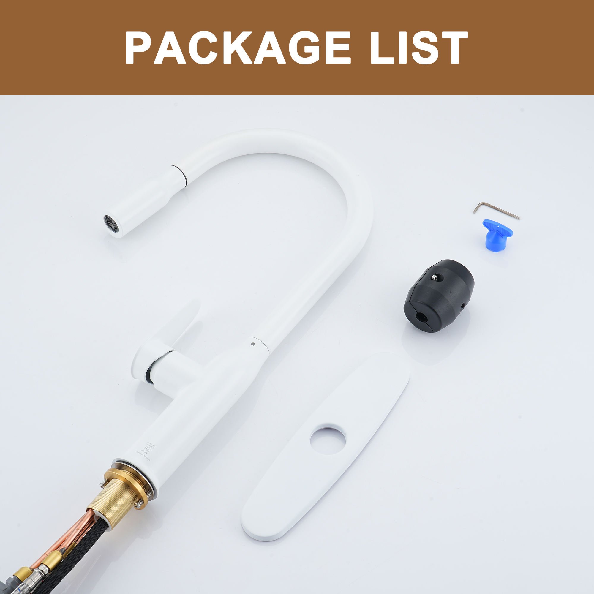 Modern Single Handle Pull Down Sprayer Kitchen Faucet with Deckplate and Water Supply Hoses in Brushed Gold/Brushed Nickel/Matte Black/Matte White