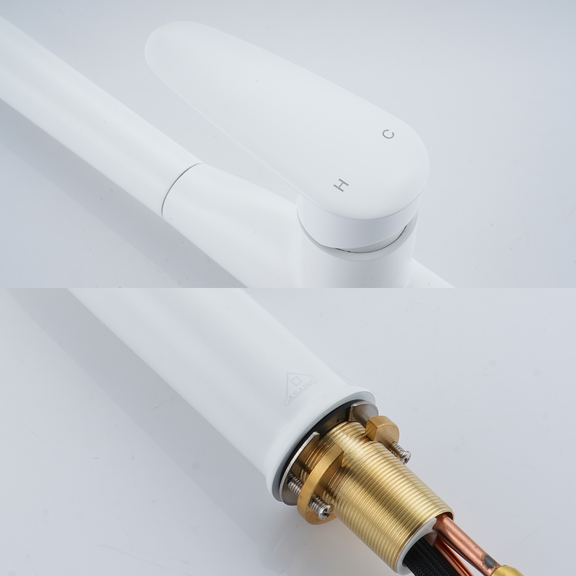 Modern Single Handle Pull Down Sprayer Kitchen Faucet with Deckplate and Water Supply Hoses in Brushed Gold/Brushed Nickel/Matte Black/Matte White