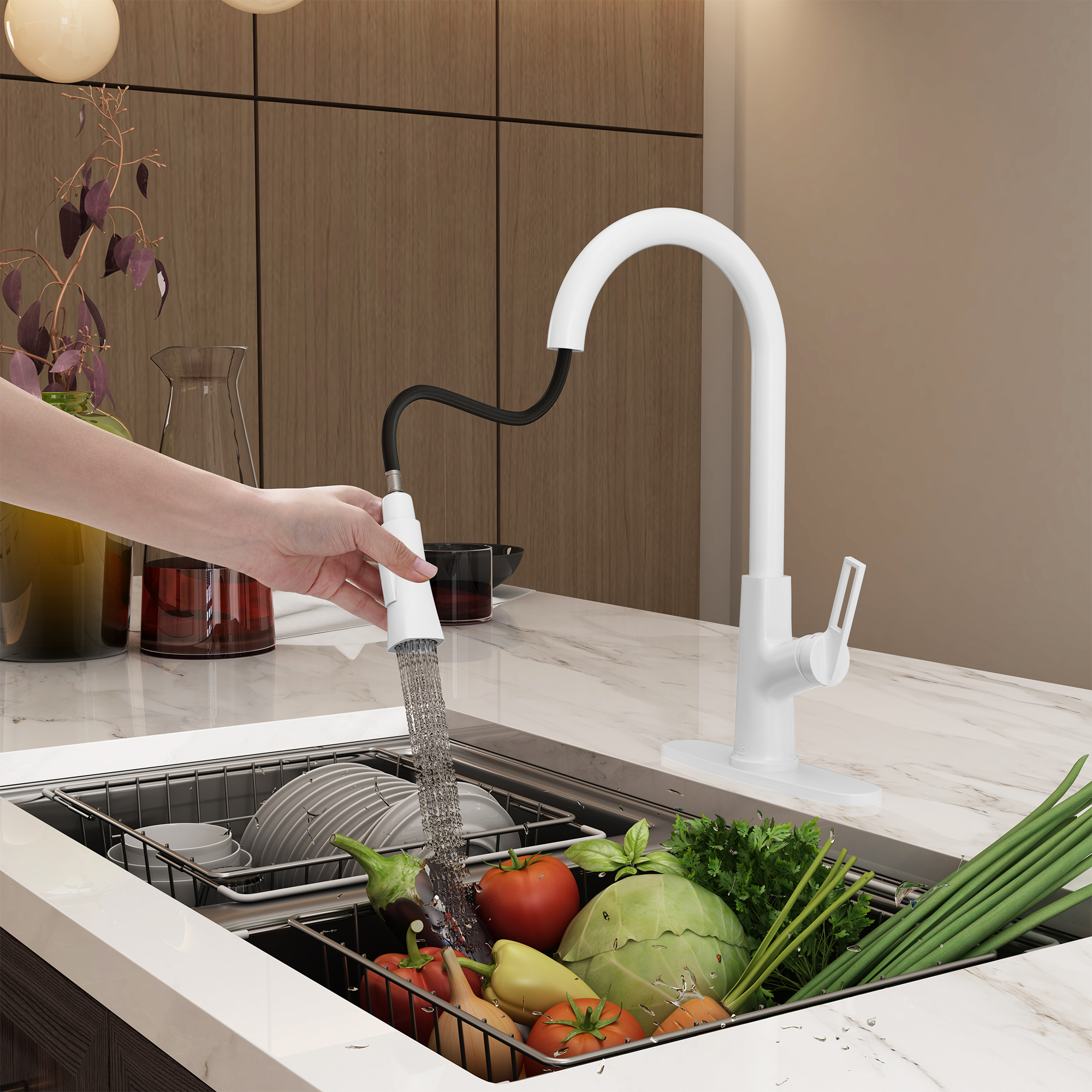 Single Handle Pull-Down Sprayer Kitchen Faucet with Advanced Spray, Pull Out Spray Wand, Deckplate in Brushed Gold/Brushed Nickel/Matte Black/Matte White