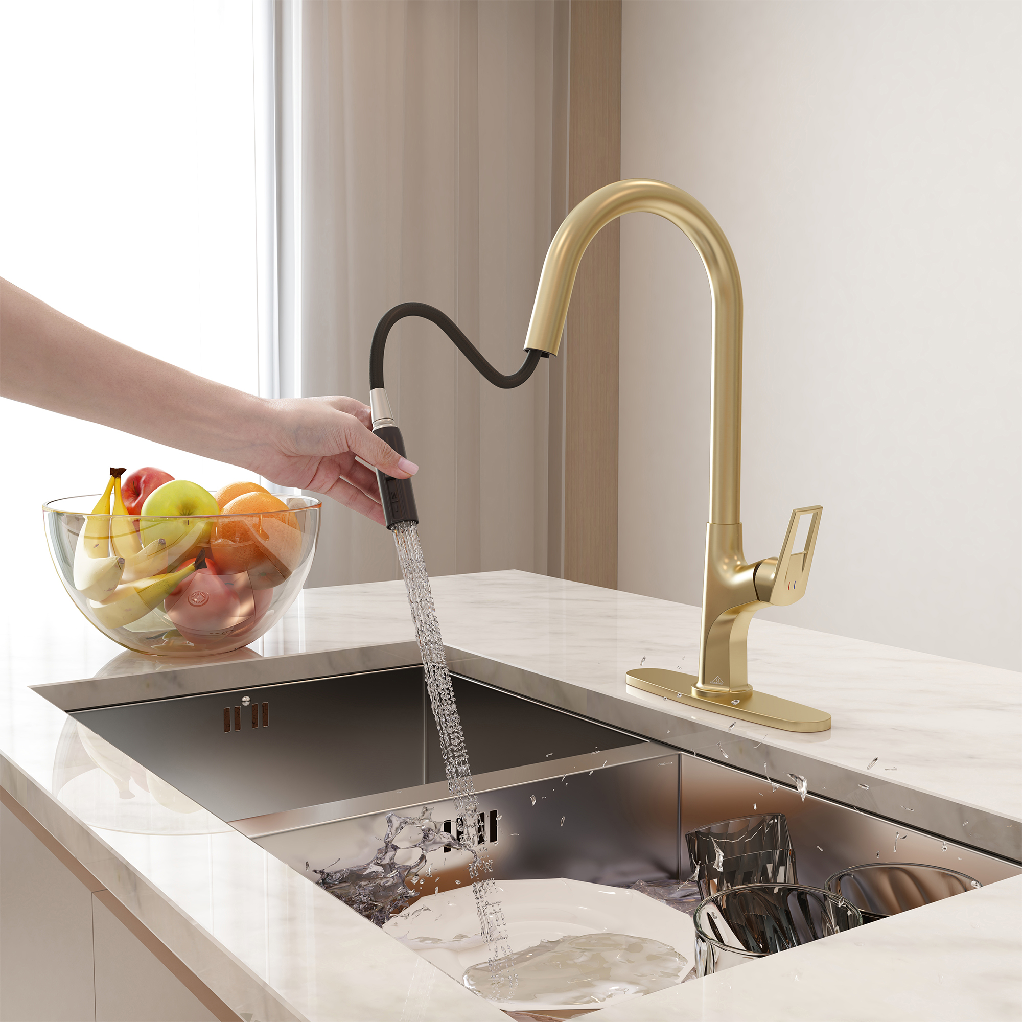 Kitchen Faucet with Pull Down Sprayer, Modern Single Handle Pull Out Kitchen Faucet,1 or 3 Hole Sink Faucets for Farmhouse Camper Laundry Utility Rv Wet Bar, Brushed Gold/Brushed Nickel/Matte Black