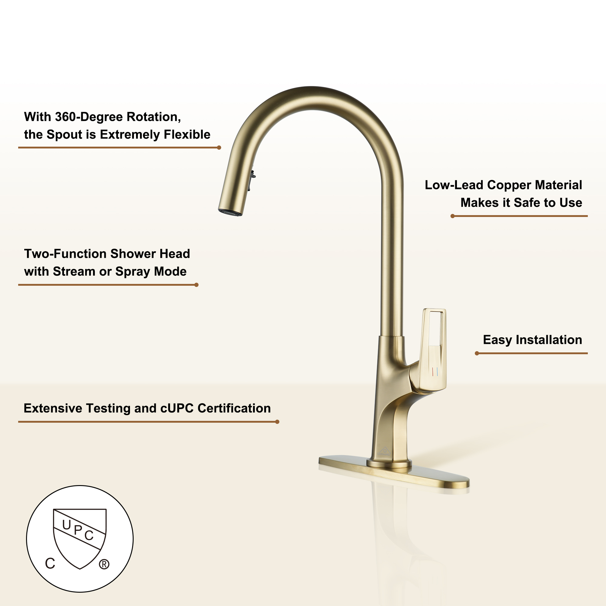 Kitchen Faucet with Pull Down Sprayer, Modern Single Handle Pull Out Kitchen Faucet,1 or 3 Hole Sink Faucets for Farmhouse Camper Laundry Utility Rv Wet Bar, Brushed Gold/Brushed Nickel/Matte Black