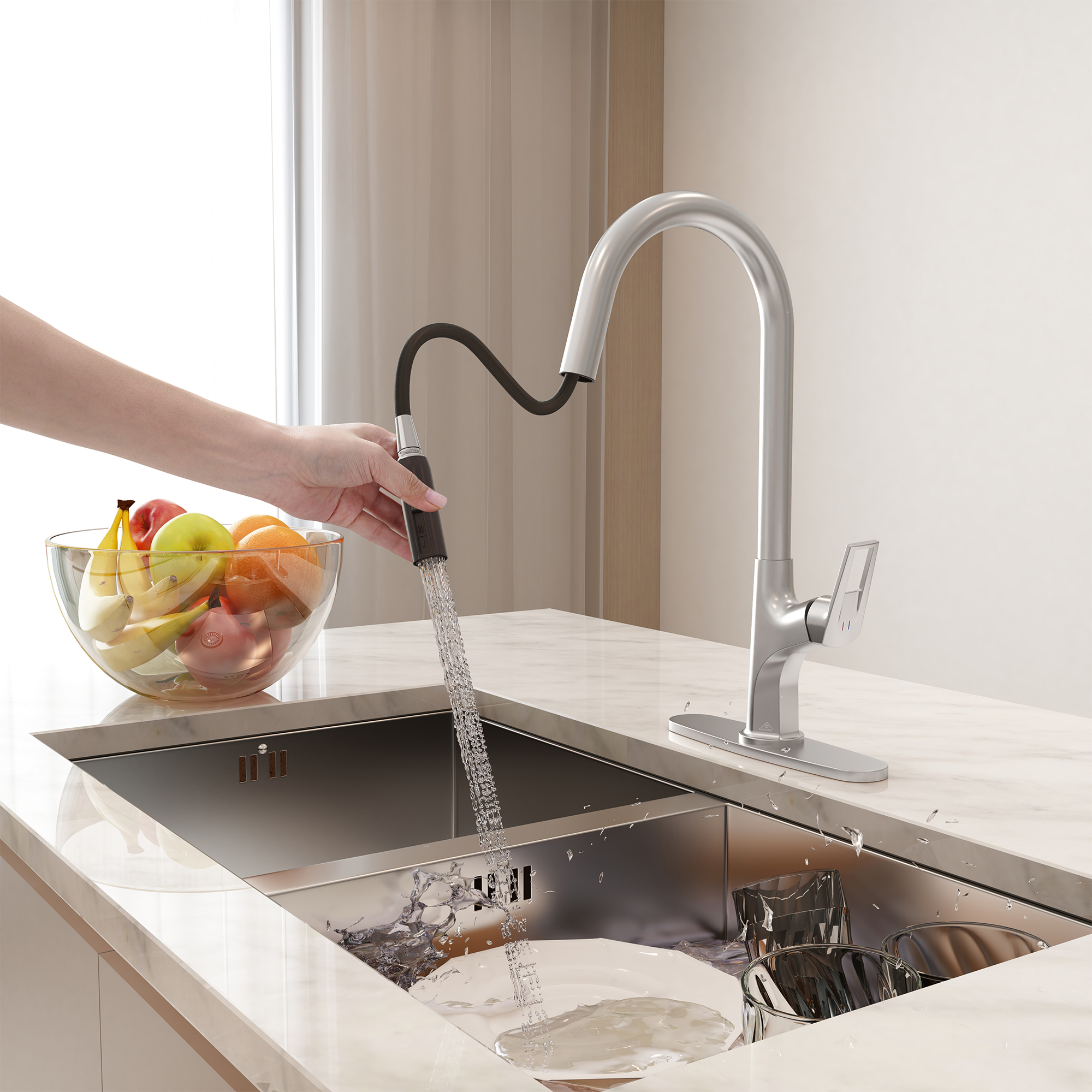 Kitchen Faucet with Pull Down Sprayer, Modern Single Handle Pull Out Kitchen Faucet,1 or 3 Hole Sink Faucets for Farmhouse Camper Laundry Utility Rv Wet Bar, Brushed Gold/Brushed Nickel/Matte Black