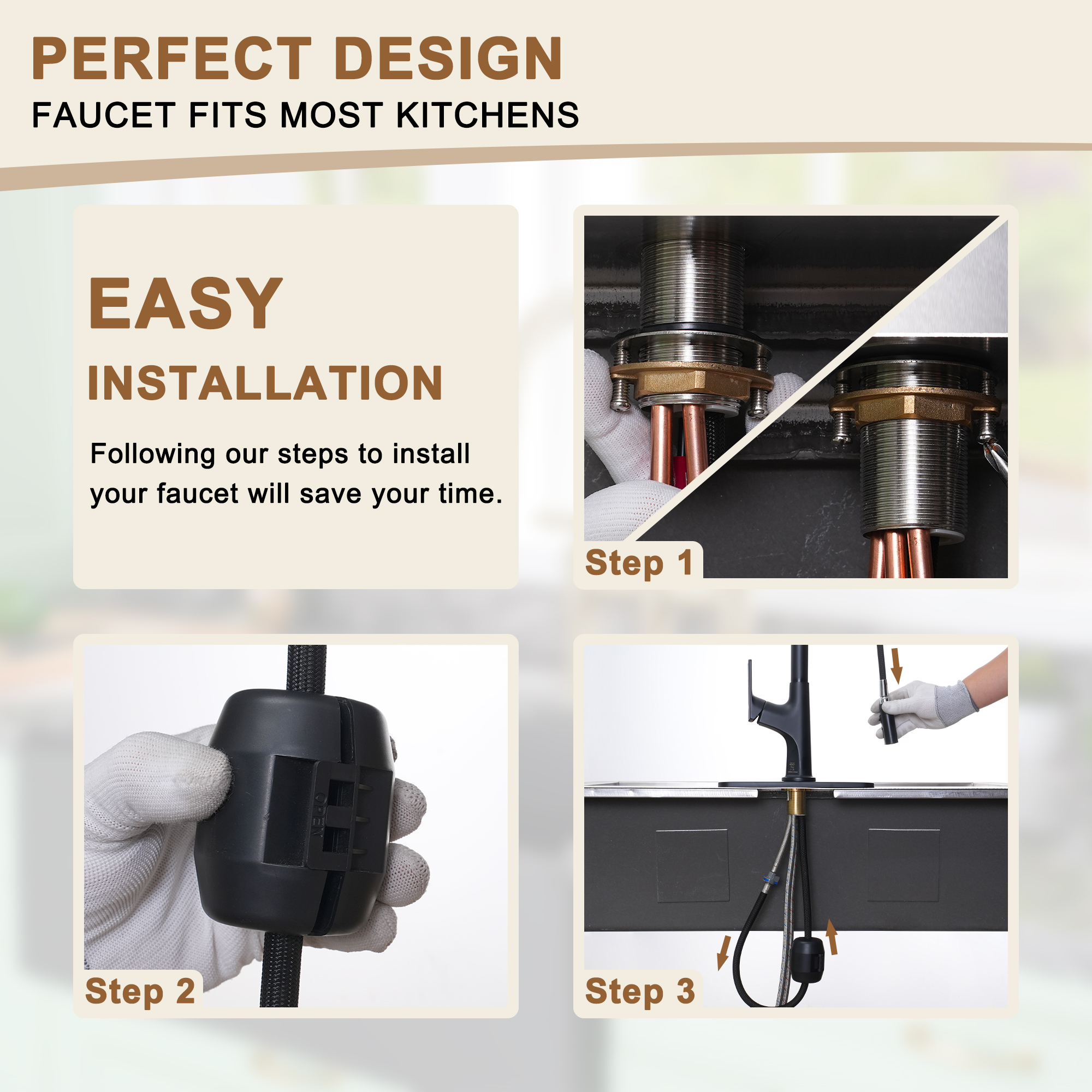 Kitchen Faucet with Pull Down Sprayer, Modern Single Handle Pull Out Kitchen Faucet,1 or 3 Hole Sink Faucets for Farmhouse Camper Laundry Utility Rv Wet Bar, Brushed Gold/Brushed Nickel/Matte Black