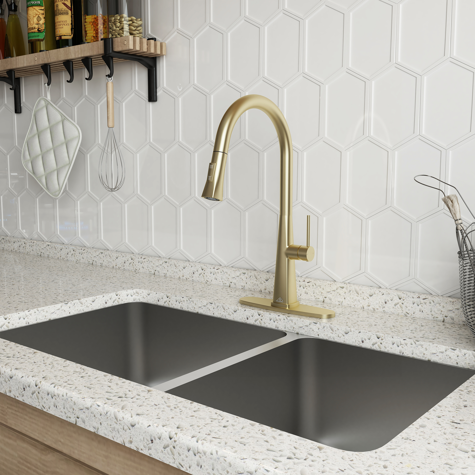  Kitchen Faucet with Pull Down Sprayer, Modern Single Handle Pull Out Kitchen Sink Faucet,1 or 3 Hole Sink Faucets for Farmhouse Camper Laundry Utility Rv Wet Bar, Brushed Gold/Brushed Nickel/Matte Black/Matte White