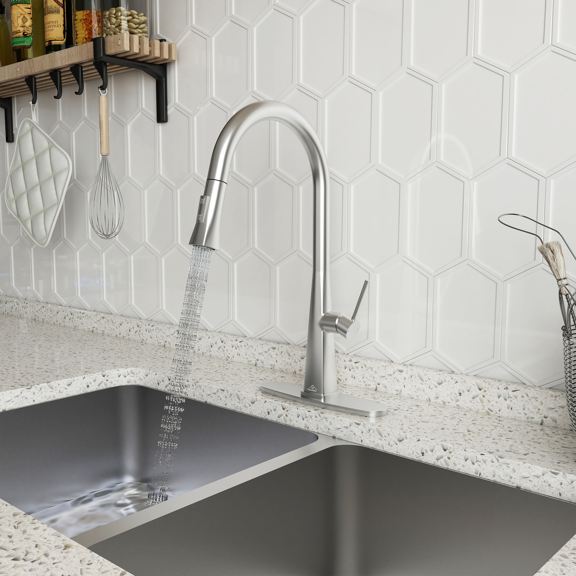  Kitchen Faucet with Pull Down Sprayer, Modern Single Handle Pull Out Kitchen Sink Faucet,1 or 3 Hole Sink Faucets for Farmhouse Camper Laundry Utility Rv Wet Bar, Brushed Gold/Brushed Nickel/Matte Black/Matte White