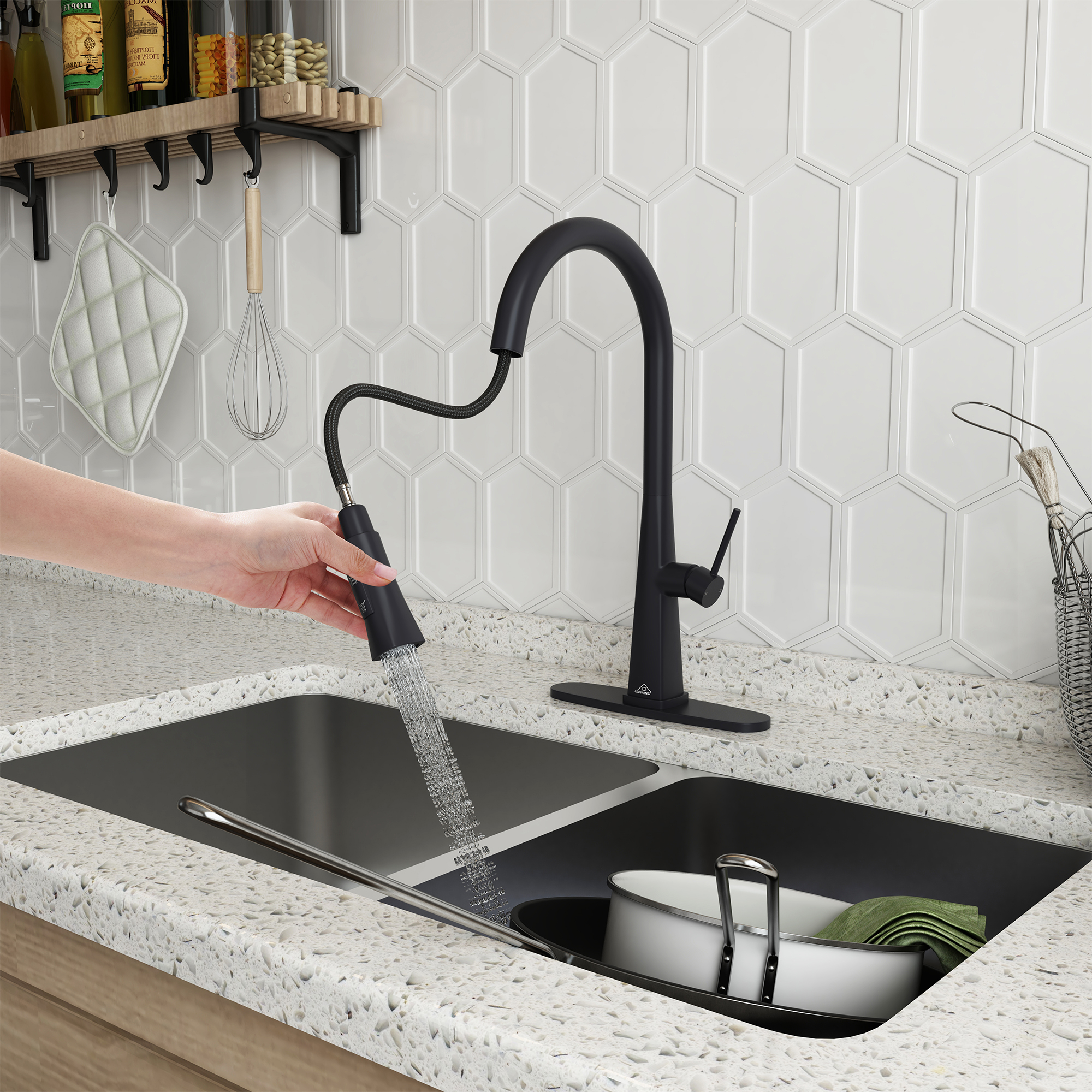  Kitchen Faucet with Pull Down Sprayer, Modern Single Handle Pull Out Kitchen Sink Faucet,1 or 3 Hole Sink Faucets for Farmhouse Camper Laundry Utility Rv Wet Bar, Brushed Gold/Brushed Nickel/Matte Black/Matte White