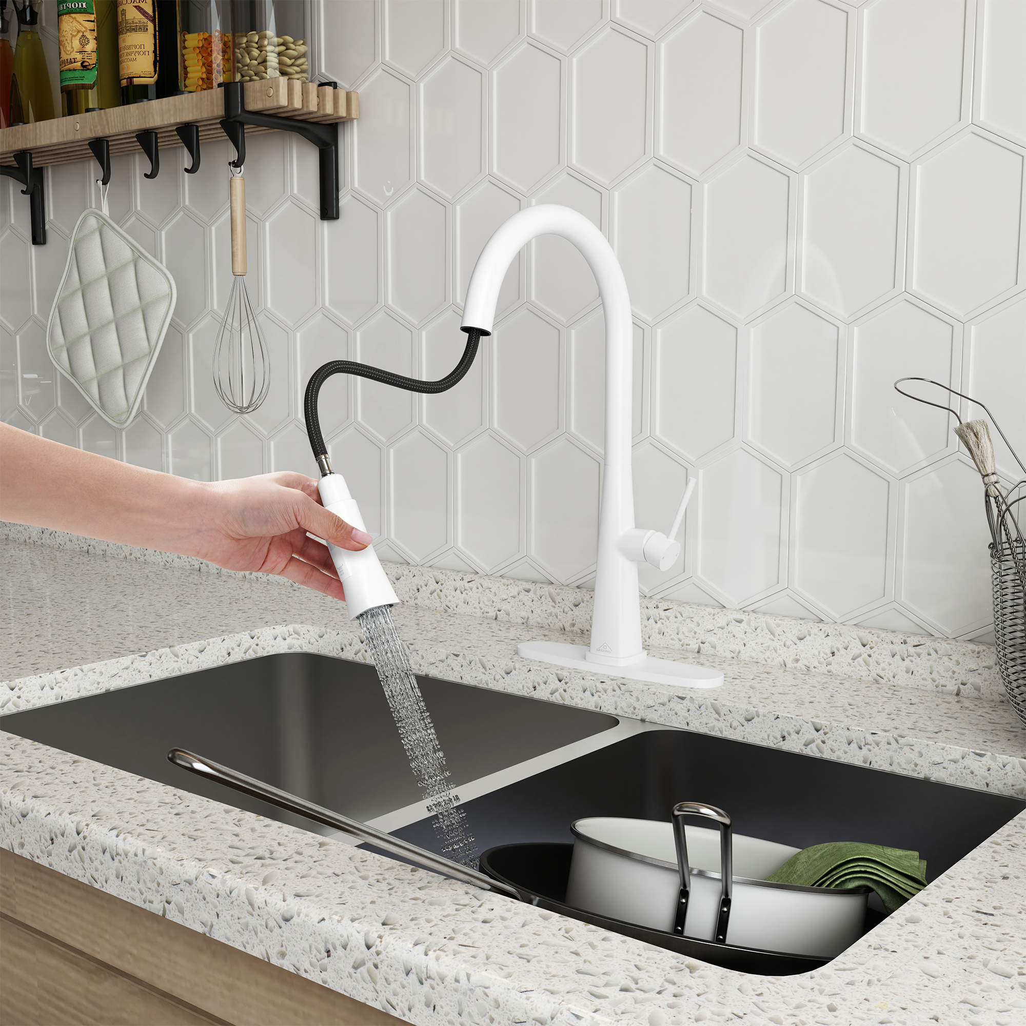  Kitchen Faucet with Pull Down Sprayer, Modern Single Handle Pull Out Kitchen Sink Faucet,1 or 3 Hole Sink Faucets for Farmhouse Camper Laundry Utility Rv Wet Bar, Brushed Gold/Brushed Nickel/Matte Black/Matte White